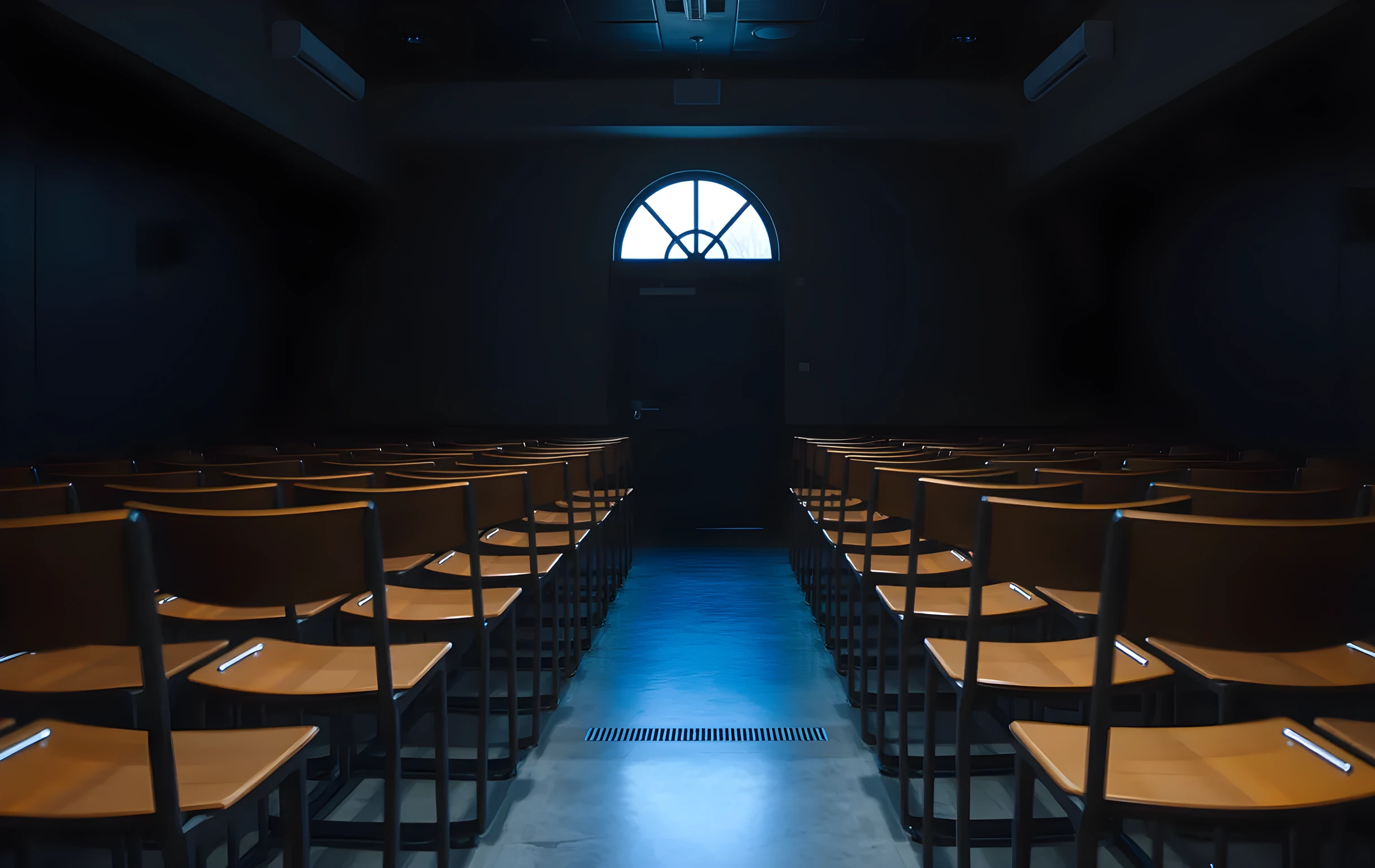 A dimly lit audition waiting room with rows of empty wooden chairs facing a closed casting door, cool blue ambient light spilling from the hallway, a single actor standing near a window in the background, medium-wide shot capturing the quiet tension of the space