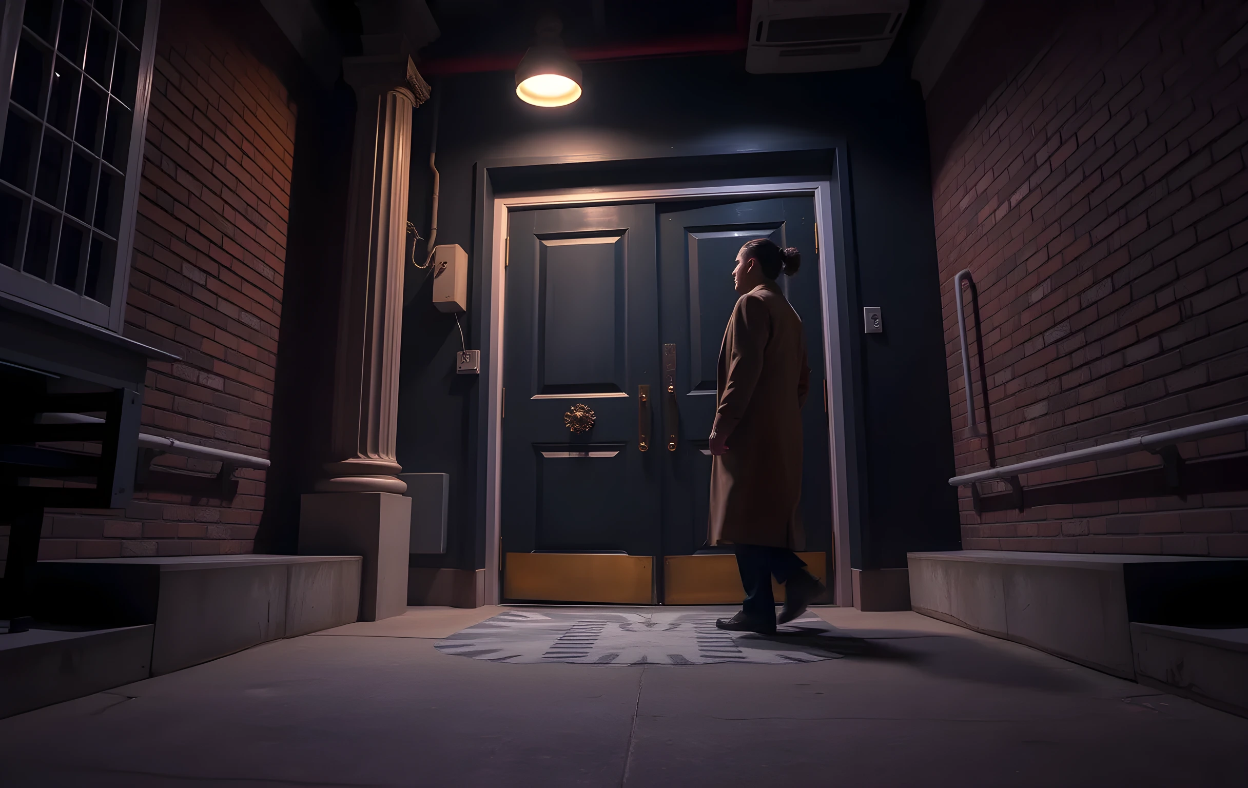 A weathered stage door entrance at twilight, brass handle gleaming under a single overhead work light, faint fog curling across the concrete steps, an actor in a long coat walking away from the camera toward the street, closer detail framing the door and lower body