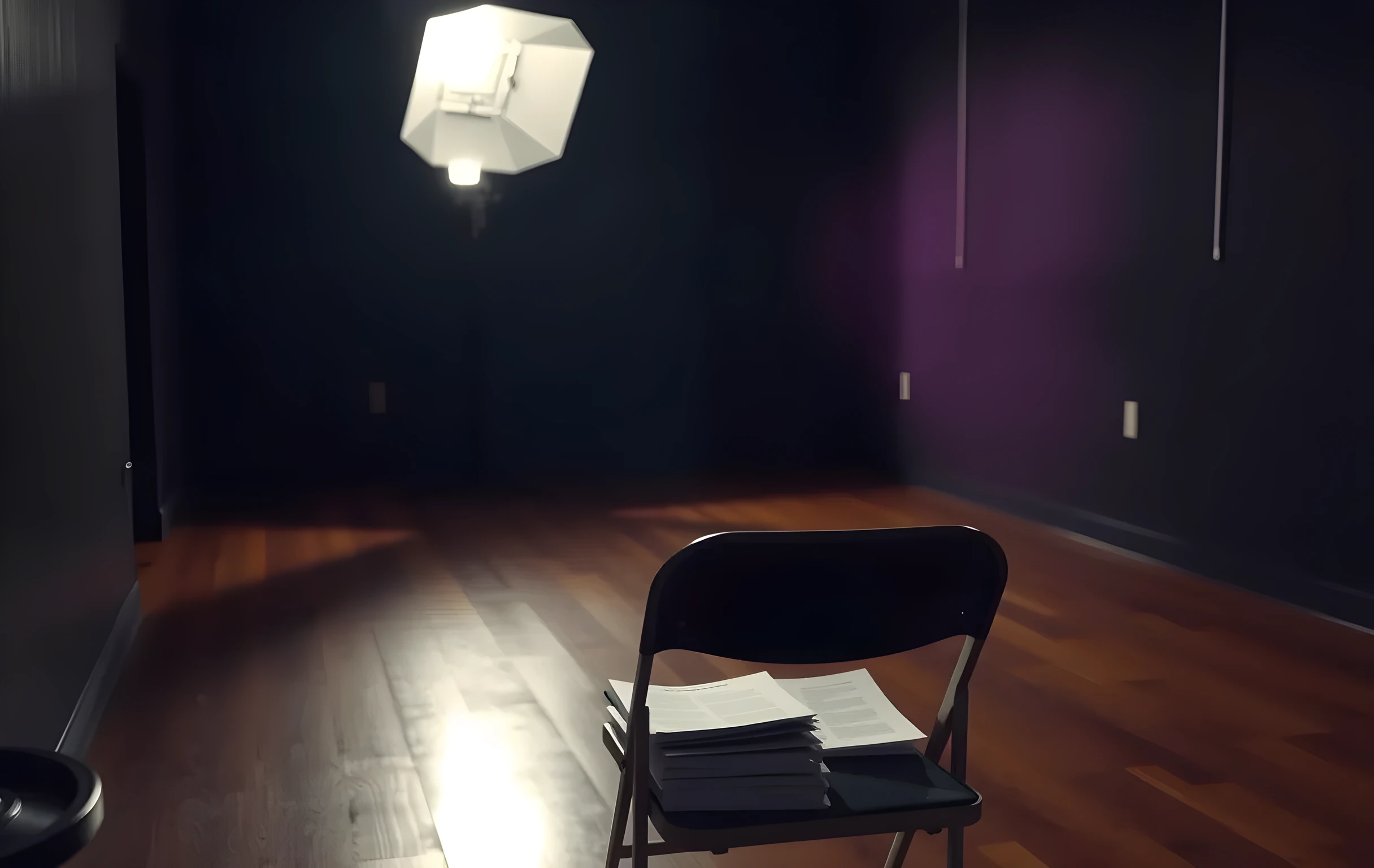 A wide shot of an empty, dimly lit audition room with wooden floors, scattered script pages on a folding chair, and a single work light casting long shadows across the walls