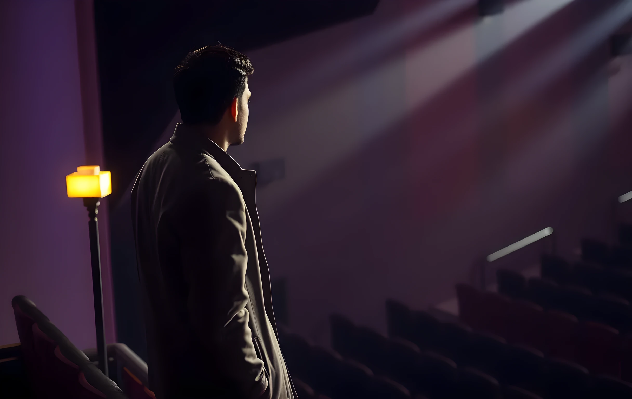 A medium shot of a performer standing on a quiet stage wing, backlit by a warm practical lamp, wearing a simple rehearsal jacket, gazing toward the darkened theater seats