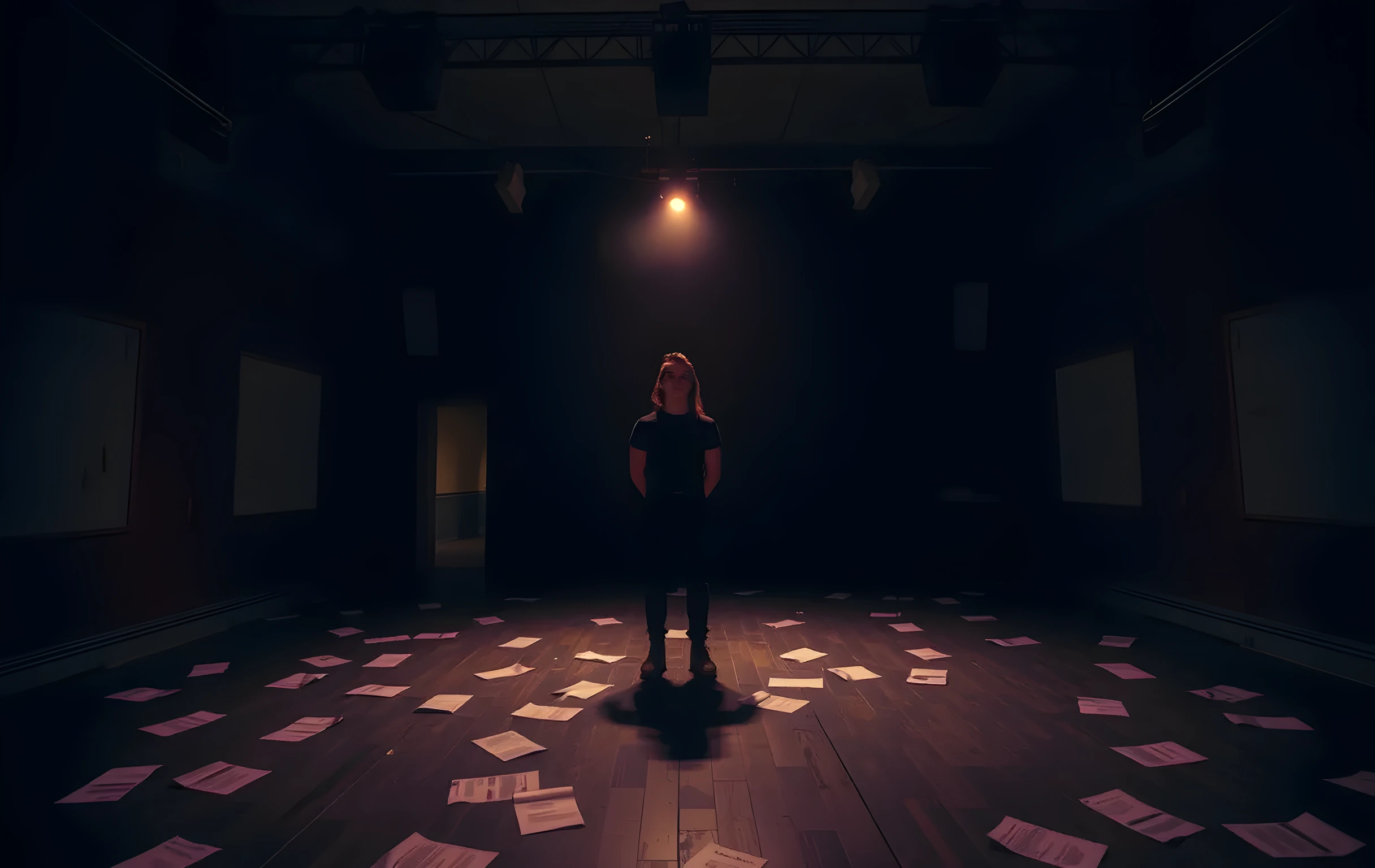 A dimly lit rehearsal studio at dusk, where a lone performer stands mid-stage beneath a single overhead work light, their silhouette cast against peeling paint and scattered script pages on the floor