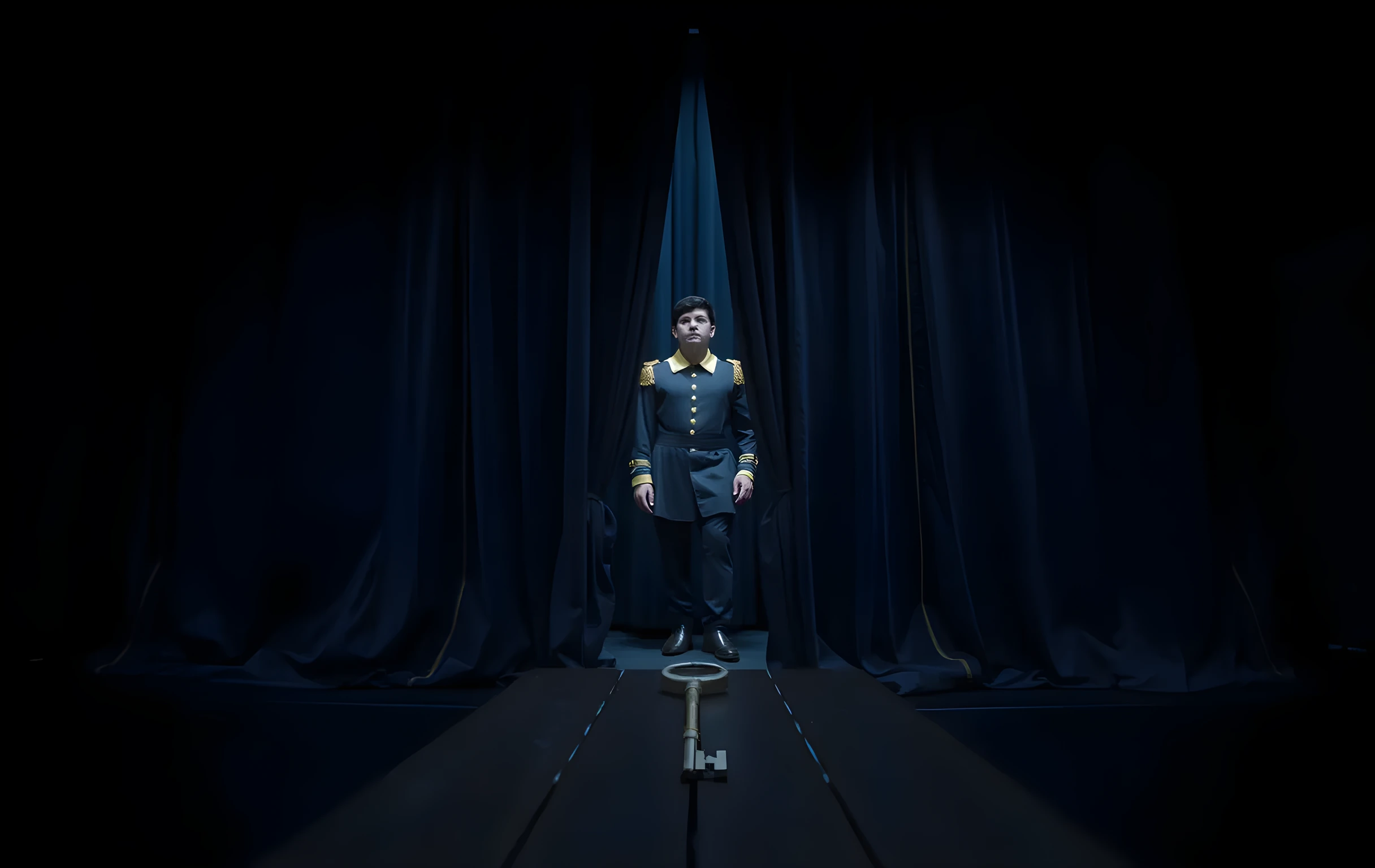A quiet backstage corridor bathed in cool blue gels, where an actor in a worn costume stands just beyond a heavy velvet curtain, the focus resting on the textured fabric and a single vintage stage key resting on a wooden bench