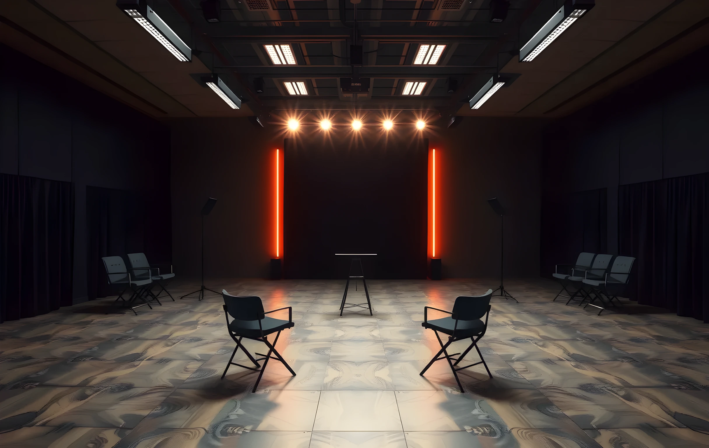 Moody cinematic wide shot of an empty professional audition room with warm directional lighting, casting desk facing a single actor stand, shallow depth of field, film grain texture, industrial backdrop, no people, no text, no screens