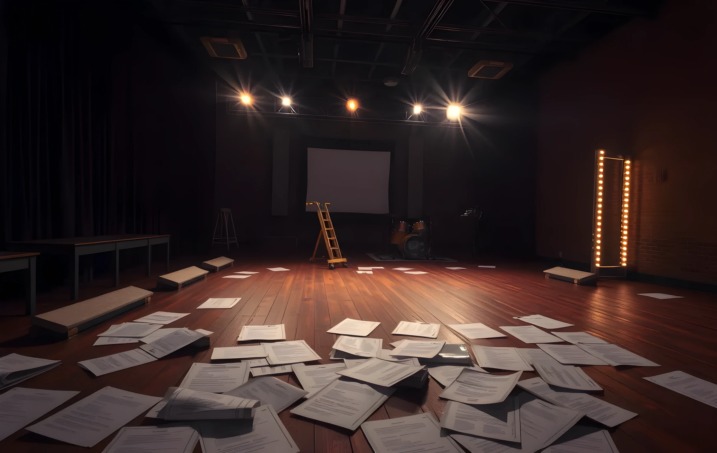 Atmospheric medium shot of a quiet rehearsal space at dusk, dramatic side lighting highlighting a wooden floor and scattered script pages, muted color palette, cinematic composition, empty stage atmosphere, no people, no text, no signage