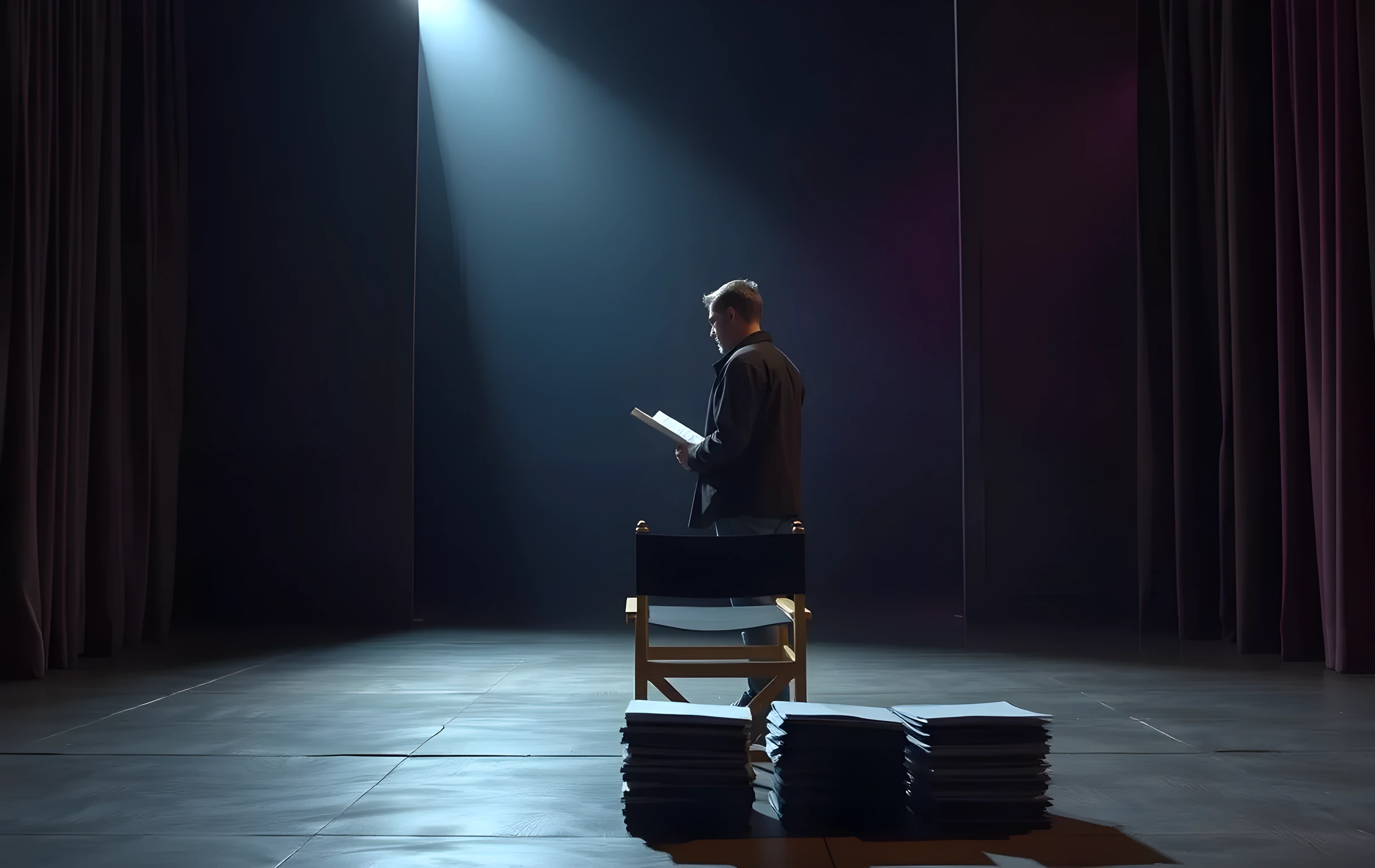 A moody, cinematic wide shot of an empty vintage audition room with heavy velvet curtains partially drawn, allowing a single shaft of cool light to illuminate a wooden director chair and a row of stacked casting folders resting on a scarred floor. A lone performer stands near the back wall in profile, reviewing a script under the ambient stage glow