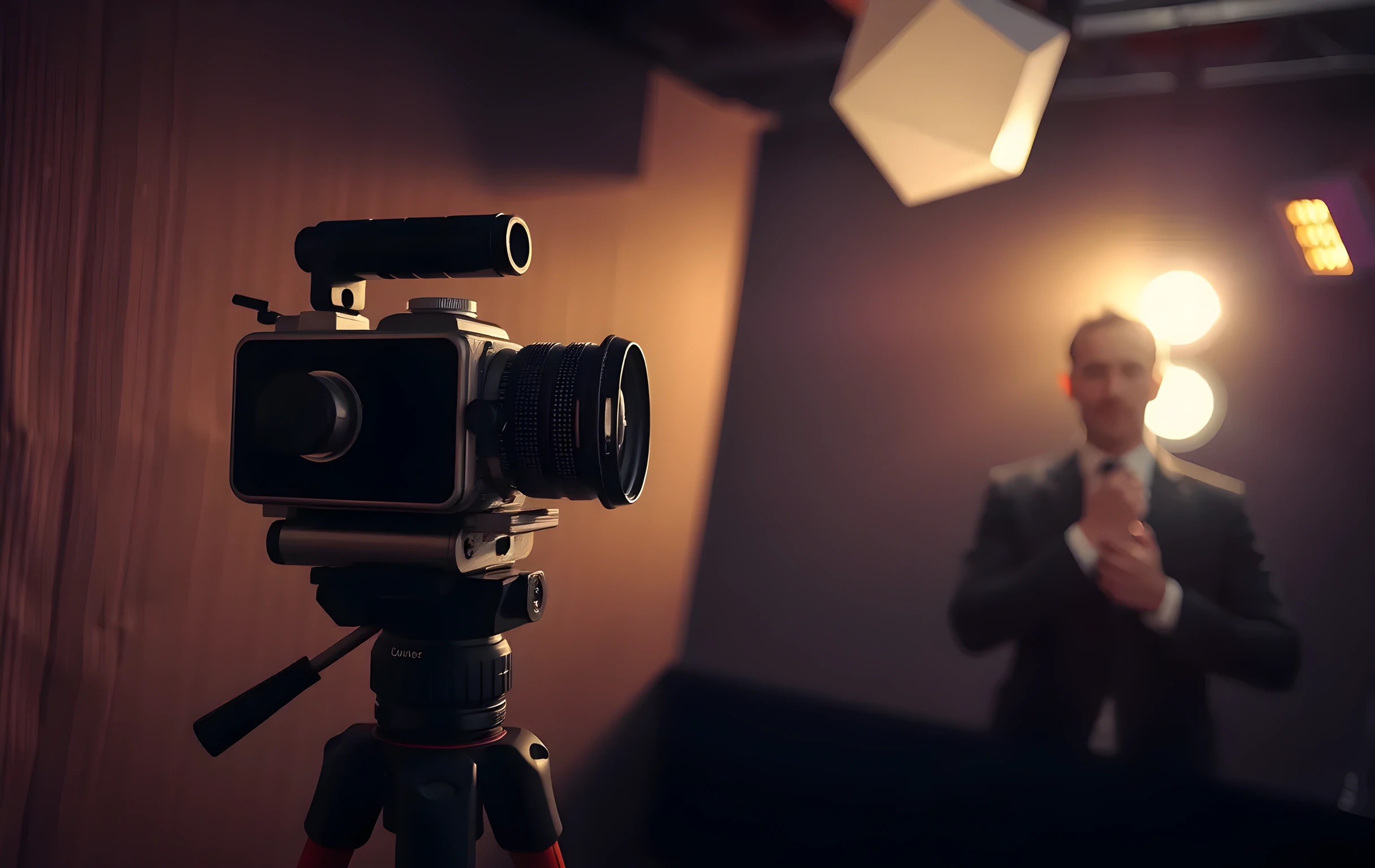 A closer detail scene of a dimly lit headshot studio focusing on a vintage camera lens mounted on a heavy tripod, with soft focus fall light spilling across a textured backdrop and a suspended gobo casting geometric shadows. A performer stands slightly out of frame to the side, adjusting a lapel under the warm practical lighting