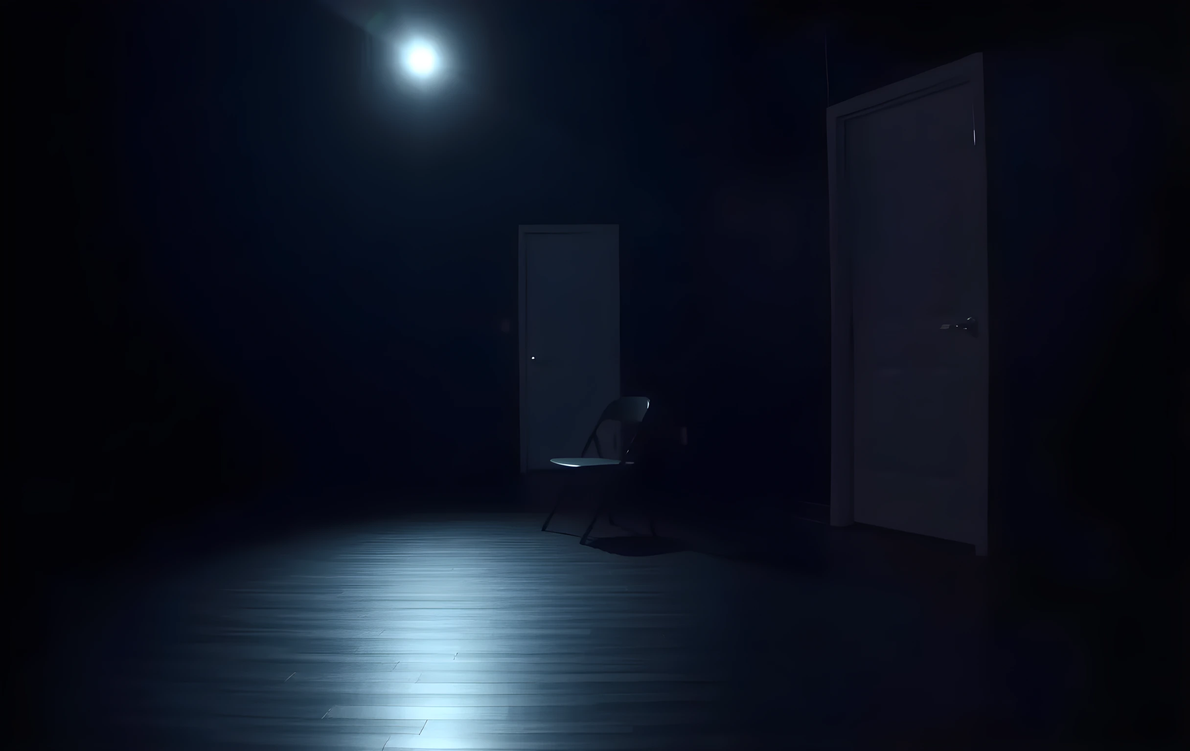 A dimly lit audition room bathed in cool directional light, a lone performer standing far in the center near a folding chair and a closed door, moody shadows stretching across the hardwood floor