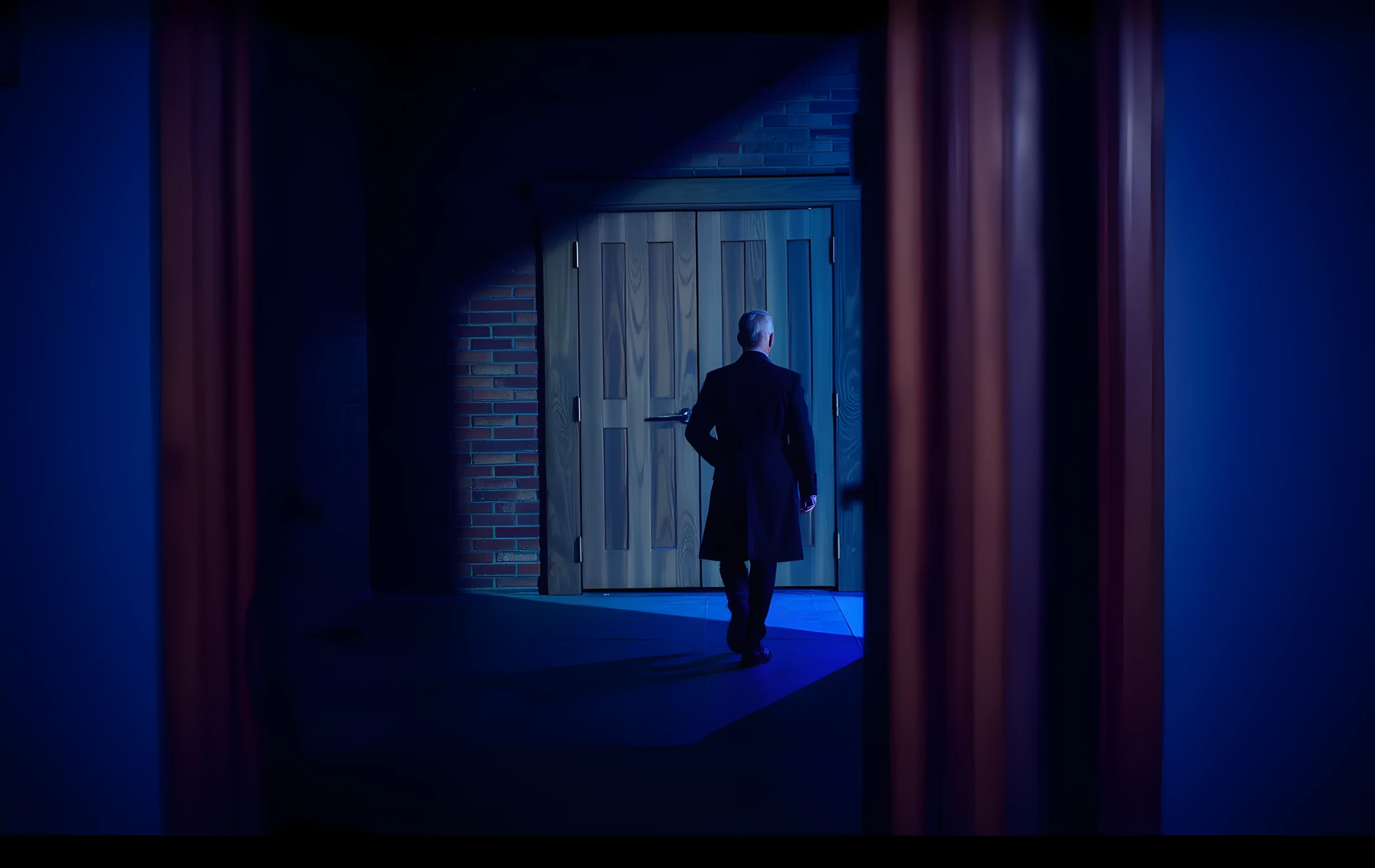 A narrow backstage corridor washed in deep blue light, a performer in a long coat walking away from the camera toward a heavy wooden door, the focus on the texture of the brick wall and the worn floorboards
