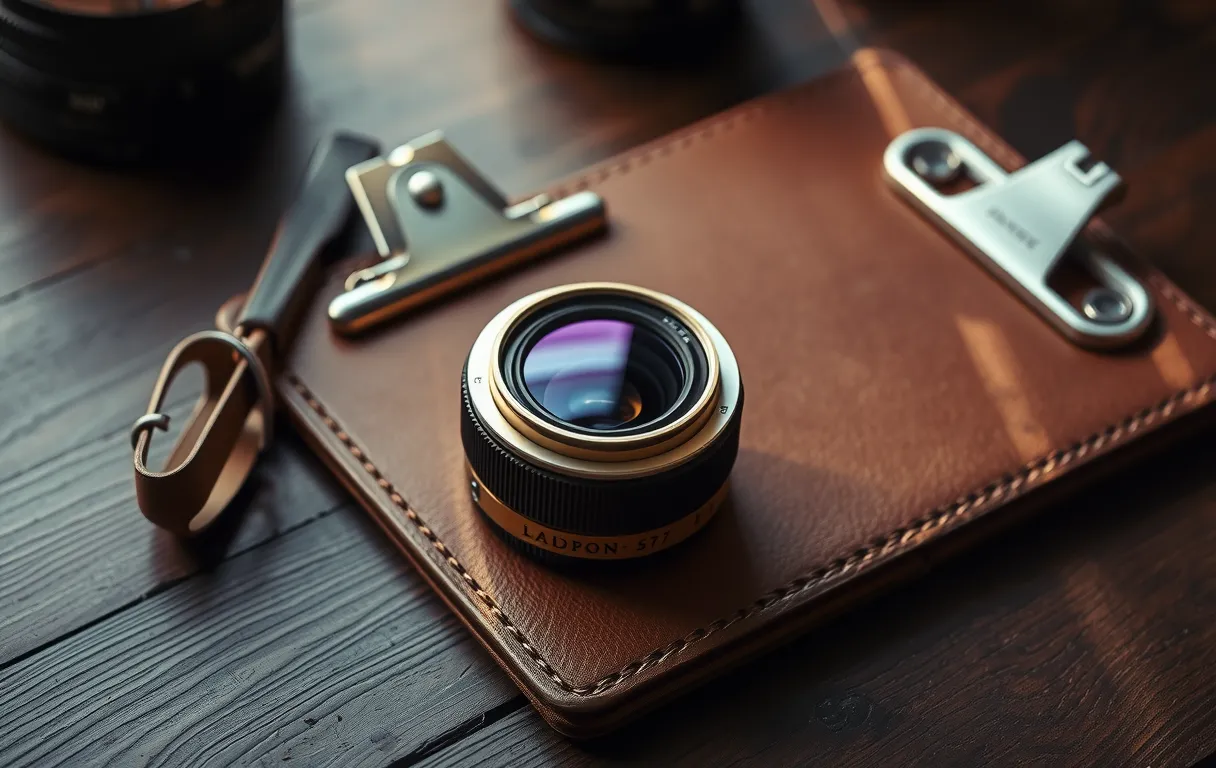 A warm editorial flat lay featuring a vintage brass camera lens resting beside a weathered leather clipboard, soft natural light highlighting the textured wood grain and metallic reflections