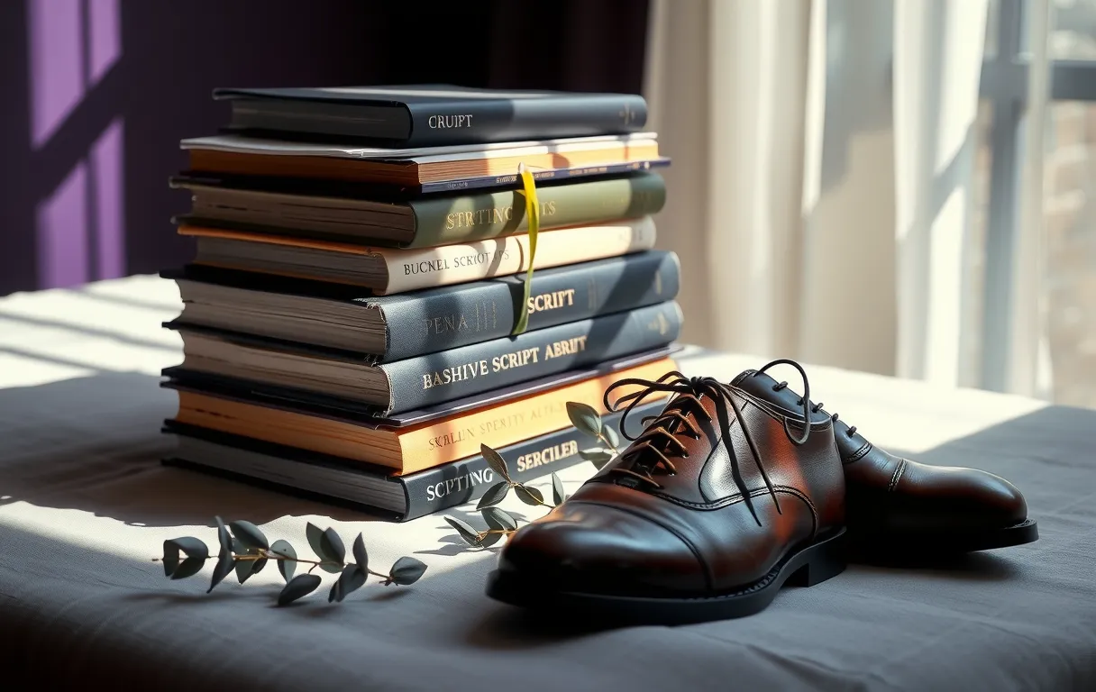 A still life composition of stacked hardcover script books, a pair of polished leather acting shoes, and a single dried eucalyptus sprig arranged on a sunlit linen surface