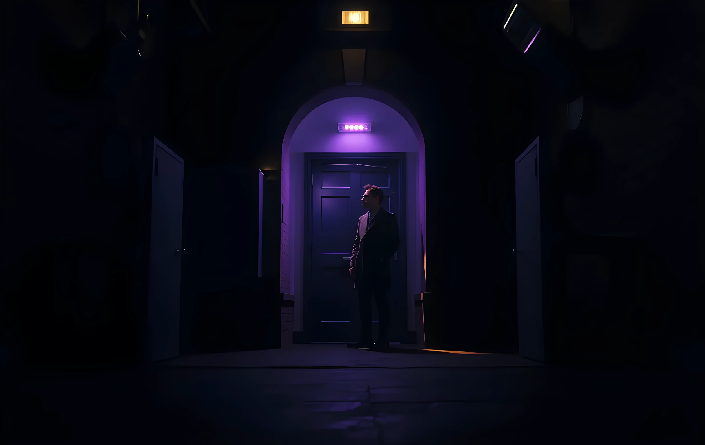 A wide shot of a dimly lit theatrical stage door corridor at dusk, with a performer standing near the arched entrance in a tailored coat, shadows stretching across worn concrete, atmospheric haze catching the edge of a single overhead security light