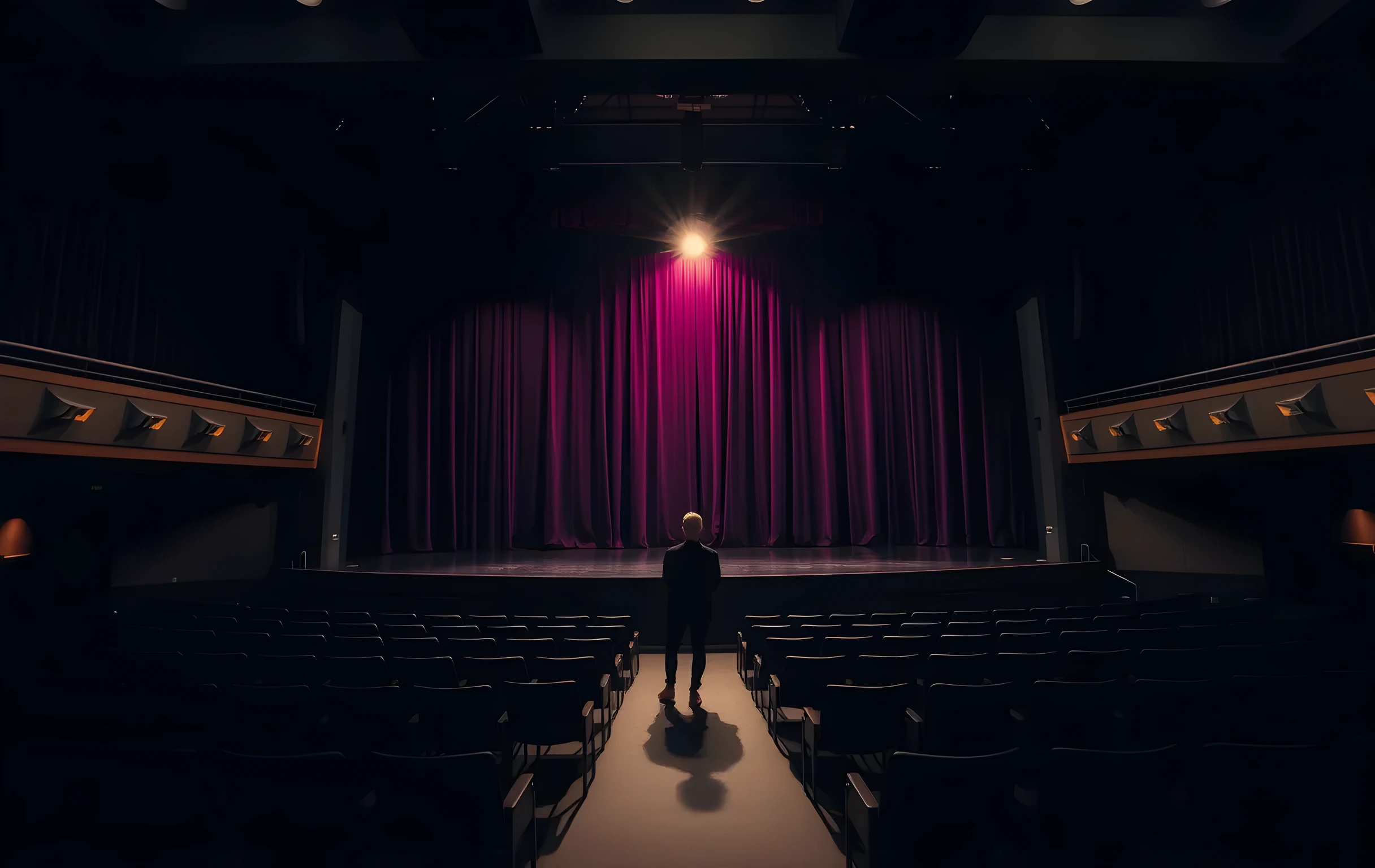 A dimly lit theater stage captured from the back of an empty auditorium, where a lone performer stands beneath a single warm spotlight practicing lines, surrounded by deep velvet curtains and scattered rehearsal chairs in shadowed rows