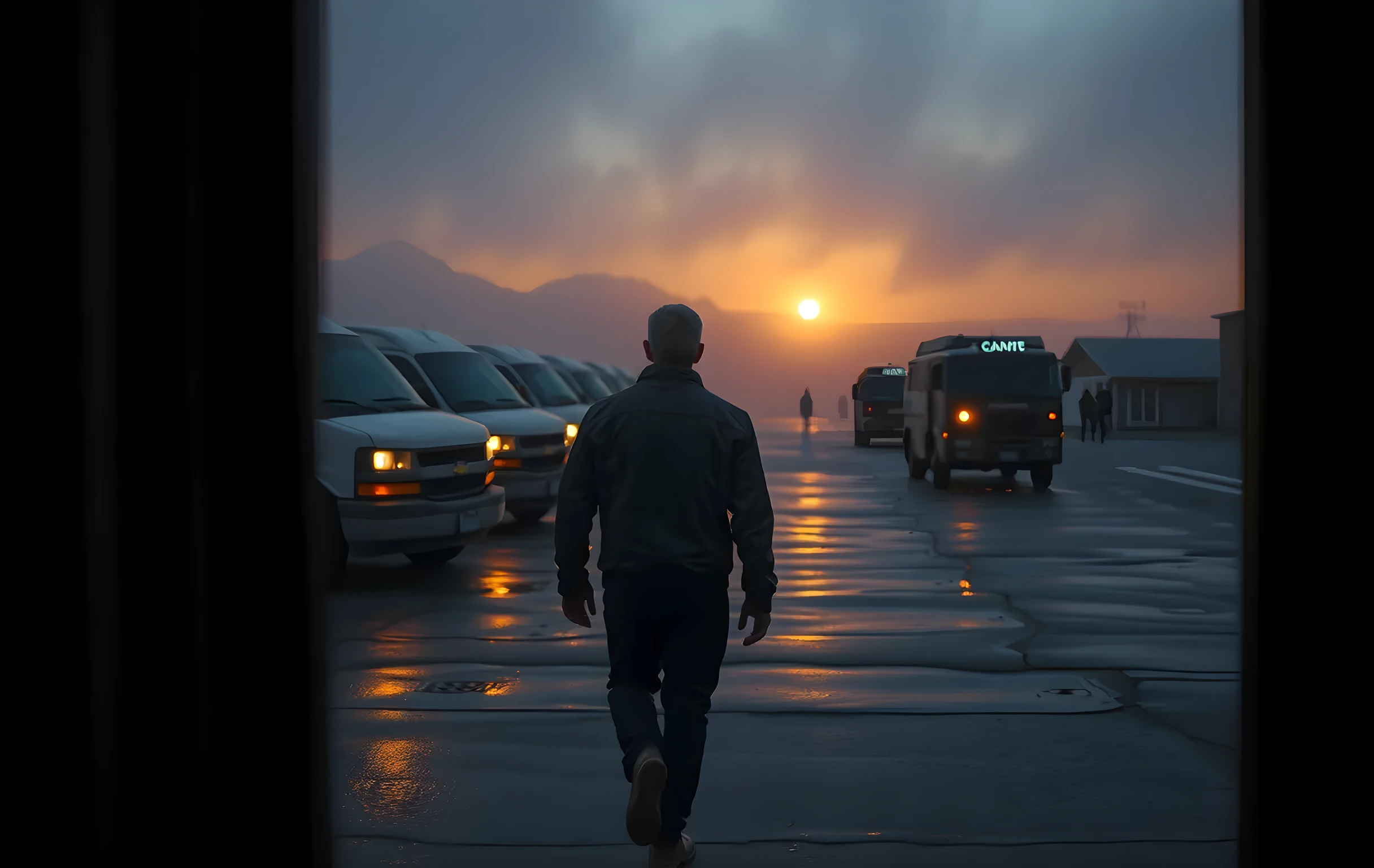A foggy outdoor film set at dusk featuring a row of parked production vehicles with their interior lights casting long rectangular glows across wet asphalt, while a figure in a worn leather jacket walks away from the camera toward a distant film crew silhouetted against a fading orange horizon