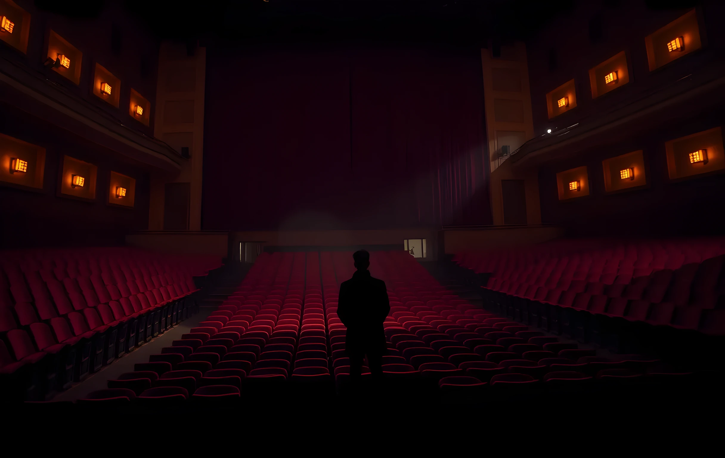 A dimly lit, empty theater auditorium viewed from the stage wings. A lone performer in a dark rehearsal coat stands near the edge of the proscenium arch, facing the rows of vacant crimson seats. Soft amber stage lights cut through the haze, illuminating dust particles in the air. The atmosphere feels anticipatory and quiet, emphasizing scale and solitude