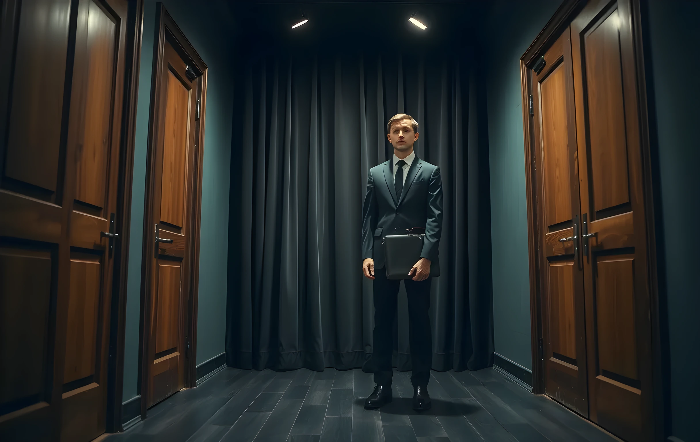 A moody backstage corridor lined with weathered wooden doors and muted green walls. A performer in a tailored audition suit stands just past a heavy velvet curtain, holding a leather portfolio case loosely at their side. Overhead track lighting casts long, dramatic shadows across the floorboards. The composition focuses on posture and environment, capturing the quiet tension of waiting