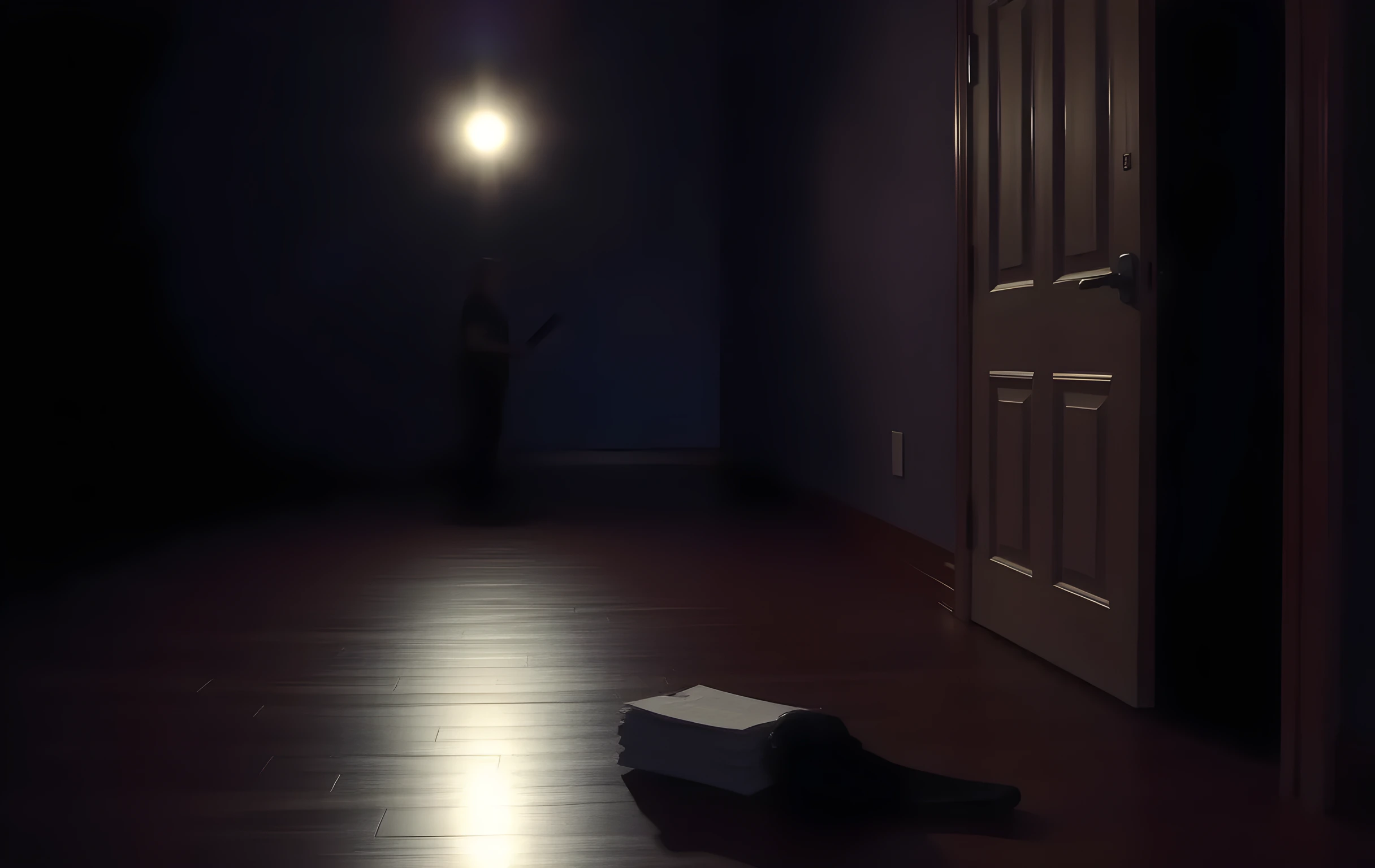 A dimly lit audition room with a solitary figure standing near the back wall, holding a clipboard. Faded stage lighting casts long shadows across the hardwood floor, and a forgotten script lies face-down near the doorframe. The space feels quiet and expectant, emphasizing the distance between performer and opportunity