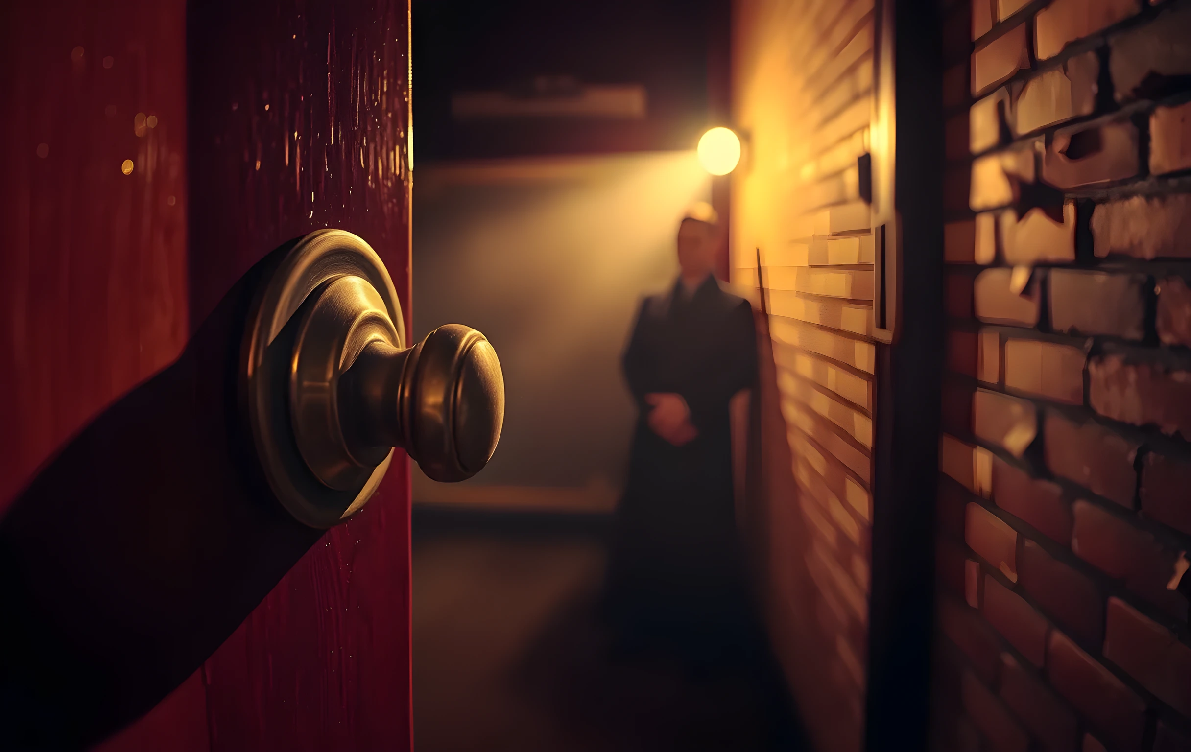 A close view of a brass stage door handle in soft amber light, with a distant figure in a worn coat standing just inside the threshold. Dust motes drift through a single beam of light, and peeling paint on the brick walls reveals decades of backstage history. The focus stays on the worn metal and textured wood, capturing the quiet persistence of working performers