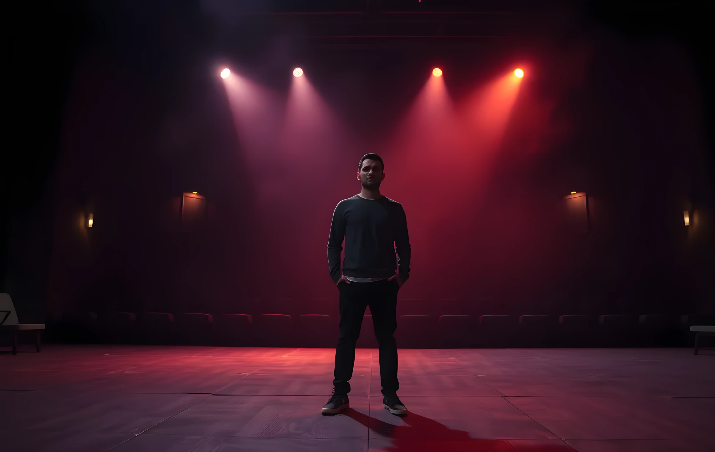 A dimly lit rehearsal studio at dusk, where a lone performer stands center stage in a wide shot, bathed in a single amber spotlight that cuts through floating dust, their posture relaxed but ready, the empty theater seats fading into deep shadow behind them