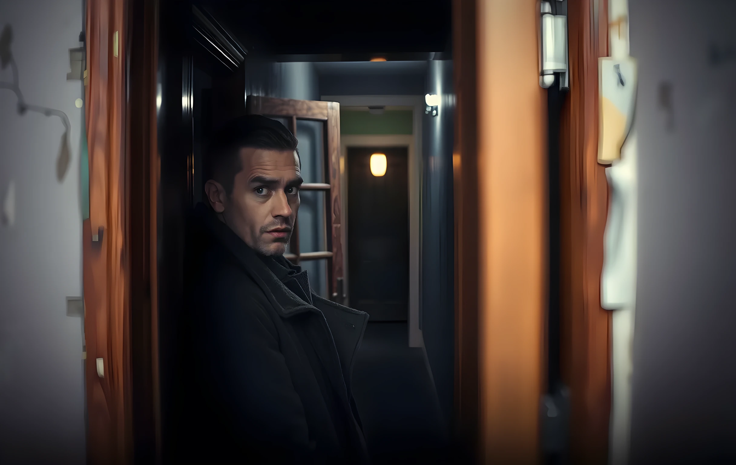 A narrow backstage corridor with peeling paint and a single practical bulb overhead, captured at eye level, where a cast member in a worn character coat leans against a wooden doorframe, their face half in shadow, the depth of the hall stretching into darkness