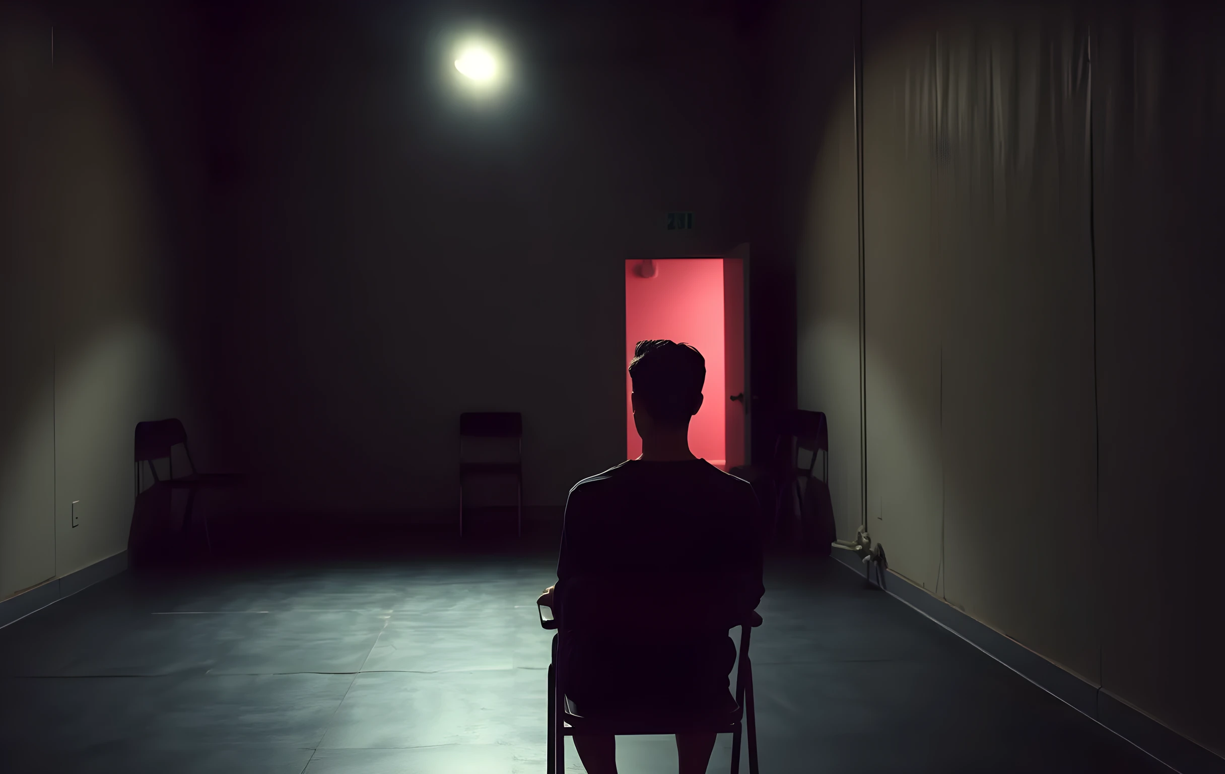 A dimly lit audition room with peeling plaster walls and a single overhead bulb casting long shadows across an empty chair. A lone performer sits near the far doorway, shoulders relaxed, waiting in the quiet anticipation of a callback