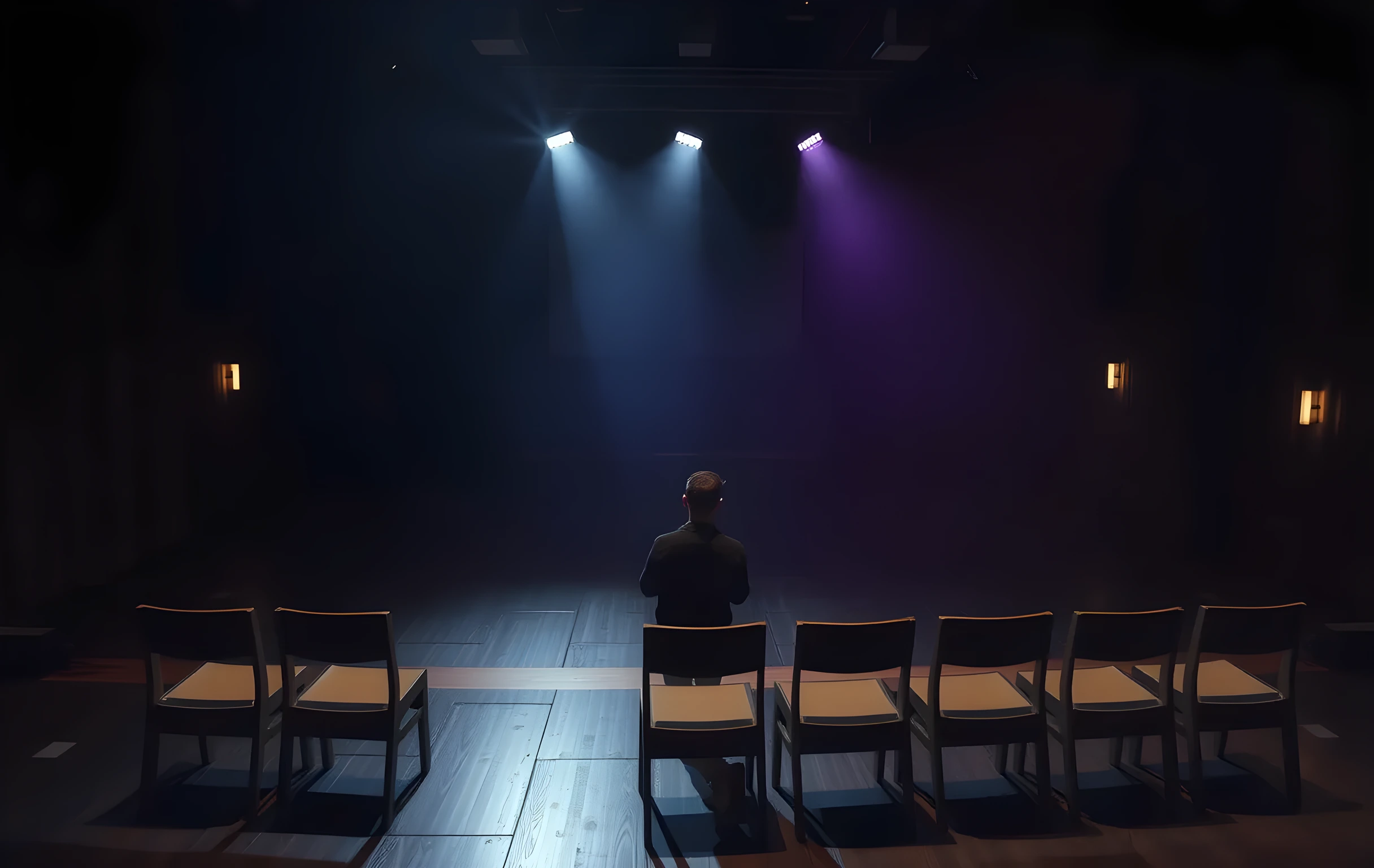 A dimly lit rehearsal hall at dusk, where a single performer stands near a row of empty wooden chairs, bathed in a narrow shaft of cool stage light that catches the dust in the air