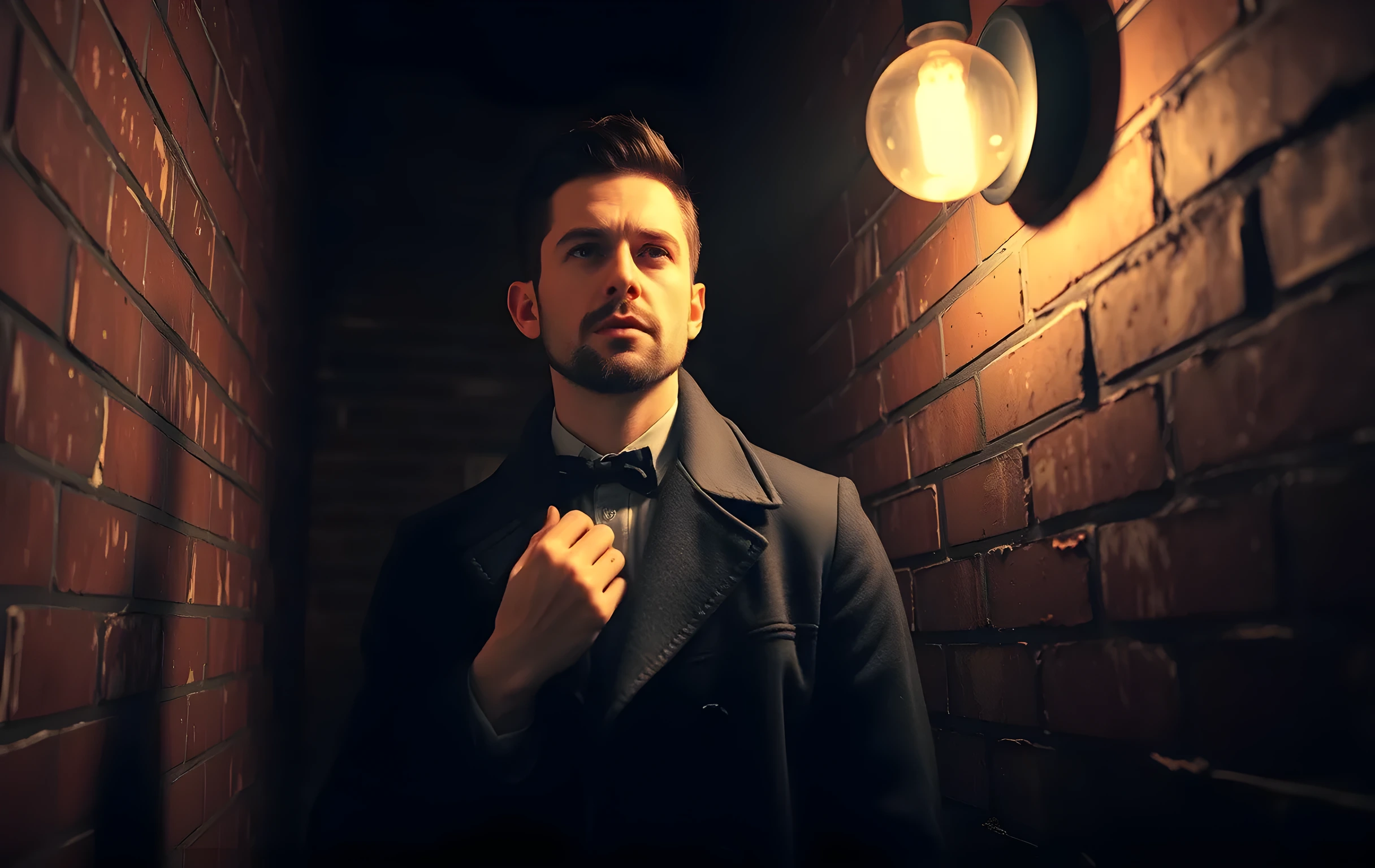 A narrow backstage corridor with peeling paint, where a focused actor adjusts the collar of a worn coat under the harsh glow of a single overhead bulb, casting long shadows against the brick wall