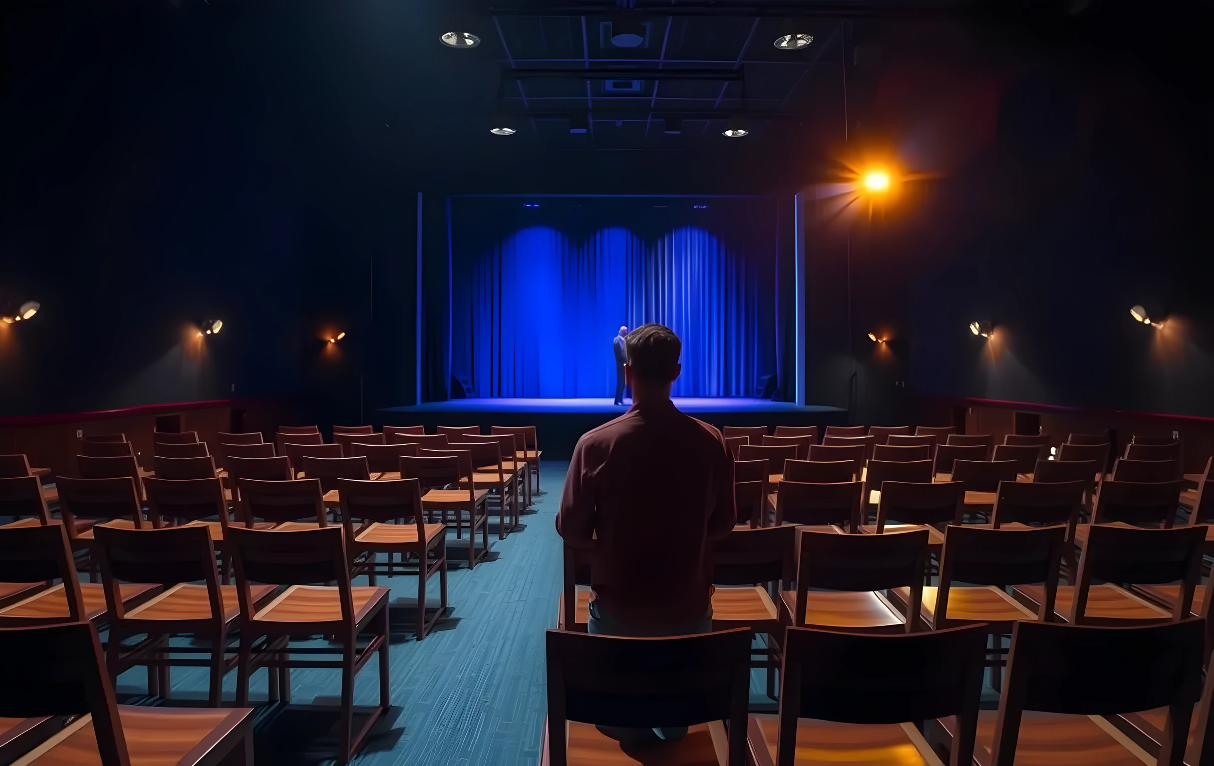 A dimly lit audition room with rows of empty wooden chairs facing a single spotlighted stage. A lone performer stands at the edge of the stage, back to the camera, waiting in quiet anticipation. Moody blue and amber lighting, cinematic depth of field, medium-wide shot capturing the expansive space