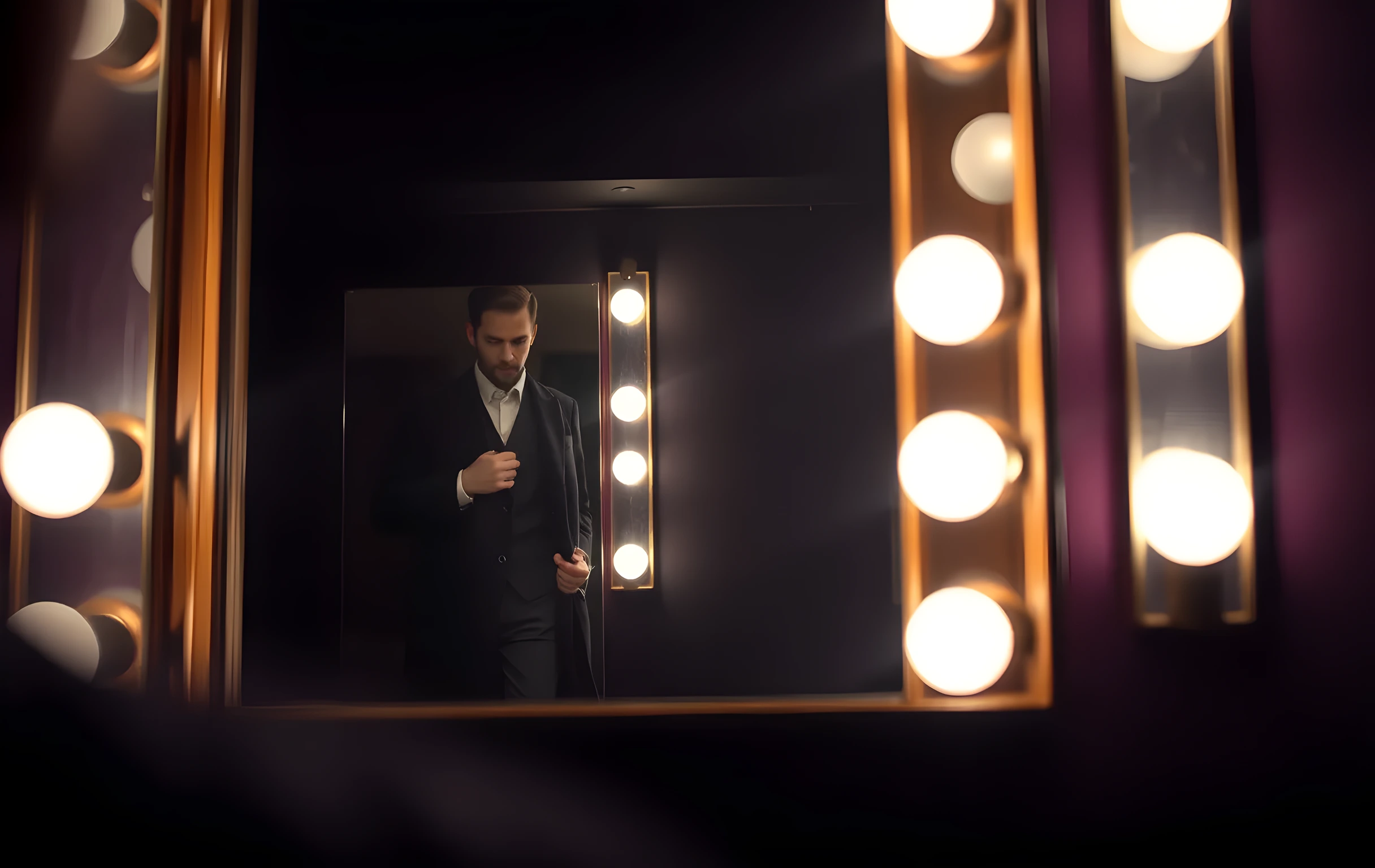 A vintage theatre dressing room mirror reflecting a performer adjusting a tailored coat in the glass. The camera focuses on the reflection at medium distance, with soft practical lighting from the bulb strips casting long shadows. Atmospheric film set ambiance, emphasizing texture and quiet preparation