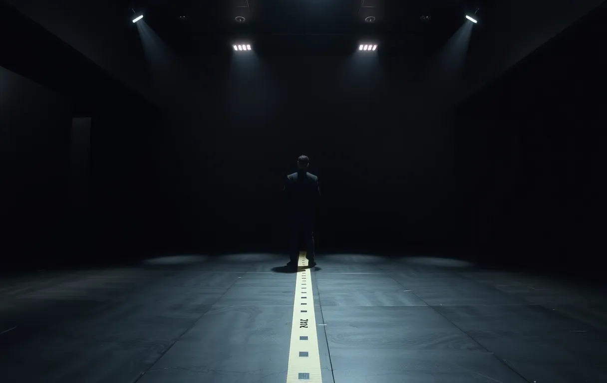 A moody, cinematic shot of a dimly lit audition room with a single actor standing near a marked tape on the floor, captured at medium distance, soft practical lights casting long shadows against bare walls