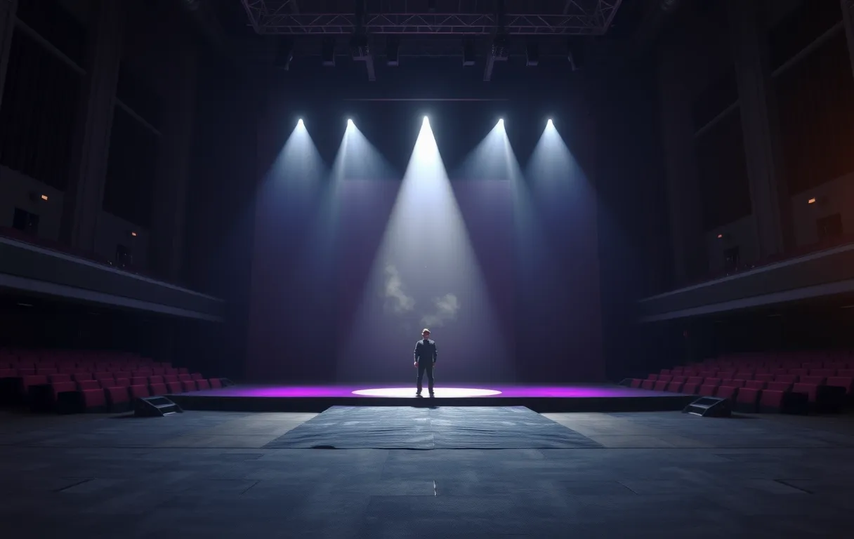 A quiet, atmospheric view of an empty theater stage at dusk, a lone performer standing near a towering spotlight beam, captured at far distance, dust particles visible in the focused light
