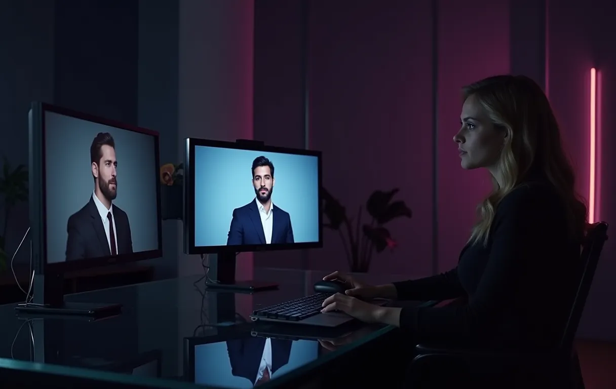 A casting director sits at a glass desk reviewing digital actor profiles on dual monitors, soft office lighting, focused expression, modern studio environment