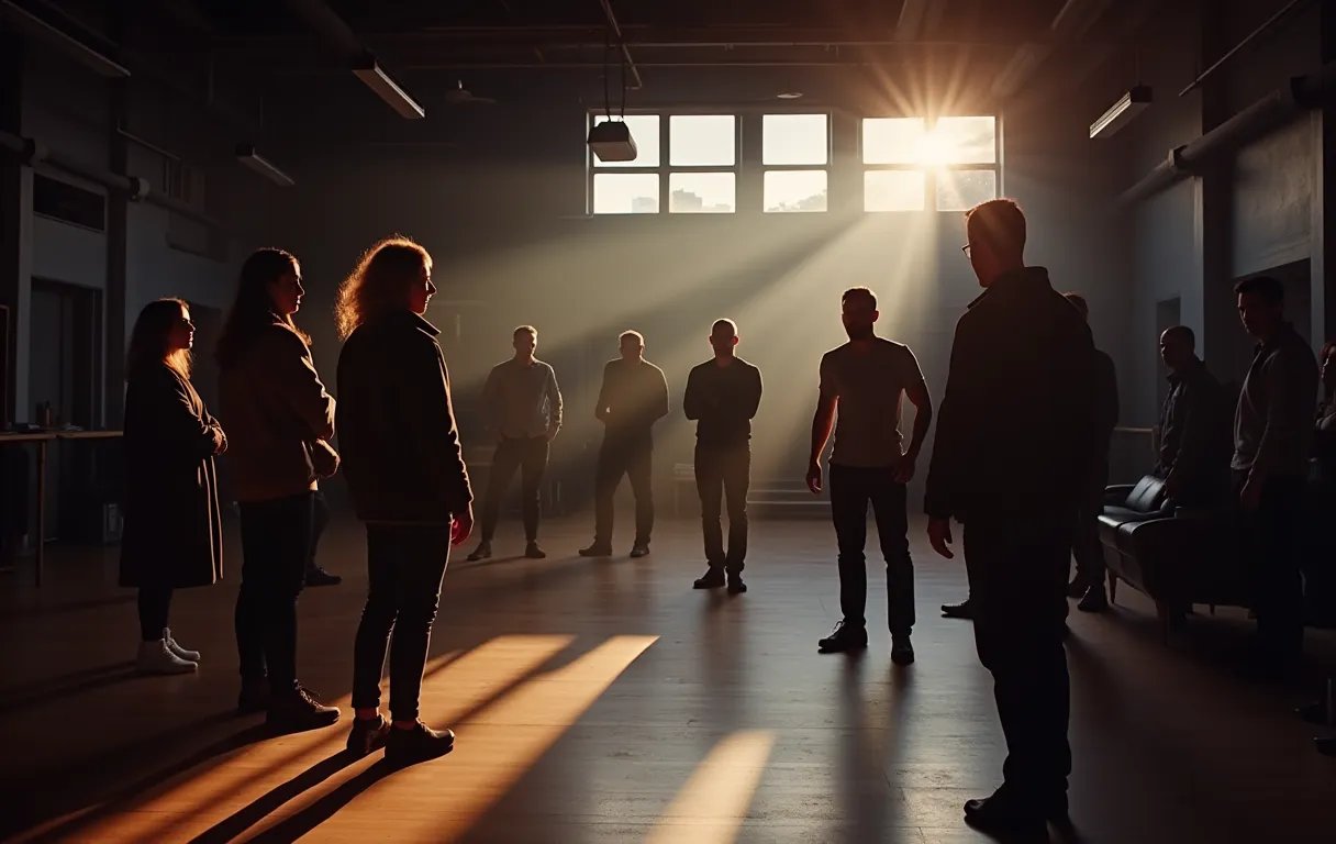 A diverse group of actors stands in a sunlit rehearsal room practicing scenes, wooden floors, natural daylight, casual rehearsal attire, candid performance moment