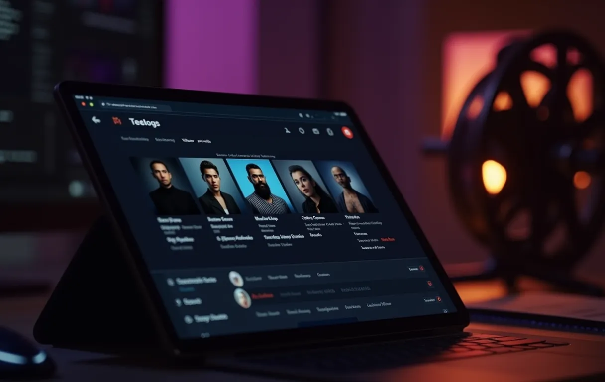 A tablet screen displaying actor profiles, warm desk lighting, organized workspace with film reels in background