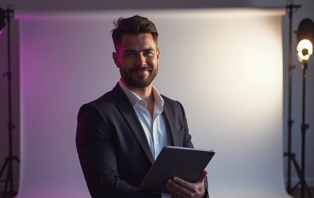 An actor standing confidently in a sunlit photography studio holding a digital portfolio tablet, clean white backdrop, professional lighting setup, focused expression