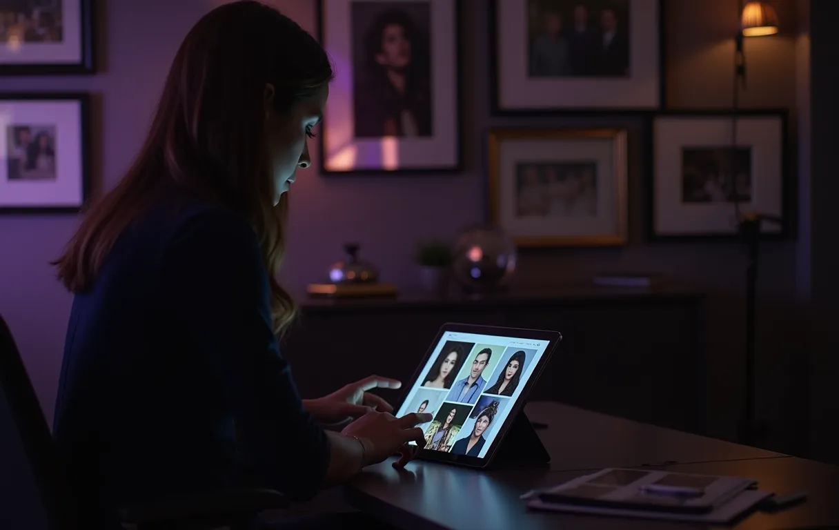 A casting director sits at a sleek desk in a sunlit Los Angeles office, scrolling through a tablet displaying actor headshots and professional reels, with framed industry awards on the wall behind