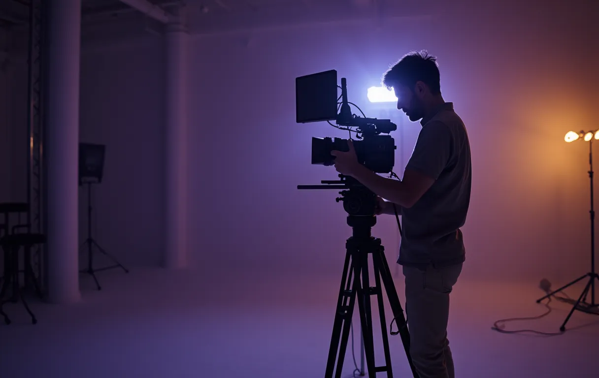 An actor adjusts a professional camera and lighting rig in a bright, empty studio space, wearing a neutral performance outfit while checking the monitor for framing accuracy