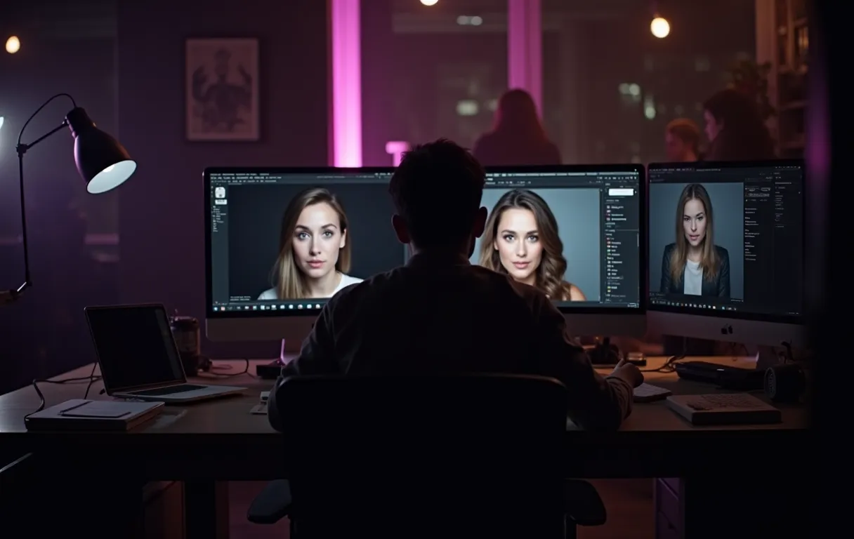 A casting associate sitting at a cluttered desk reviewing headshots on dual monitors in a sunlit office