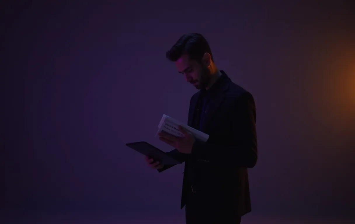 An actor standing confidently in a neutral studio space holding a printed portfolio while reviewing a tablet
