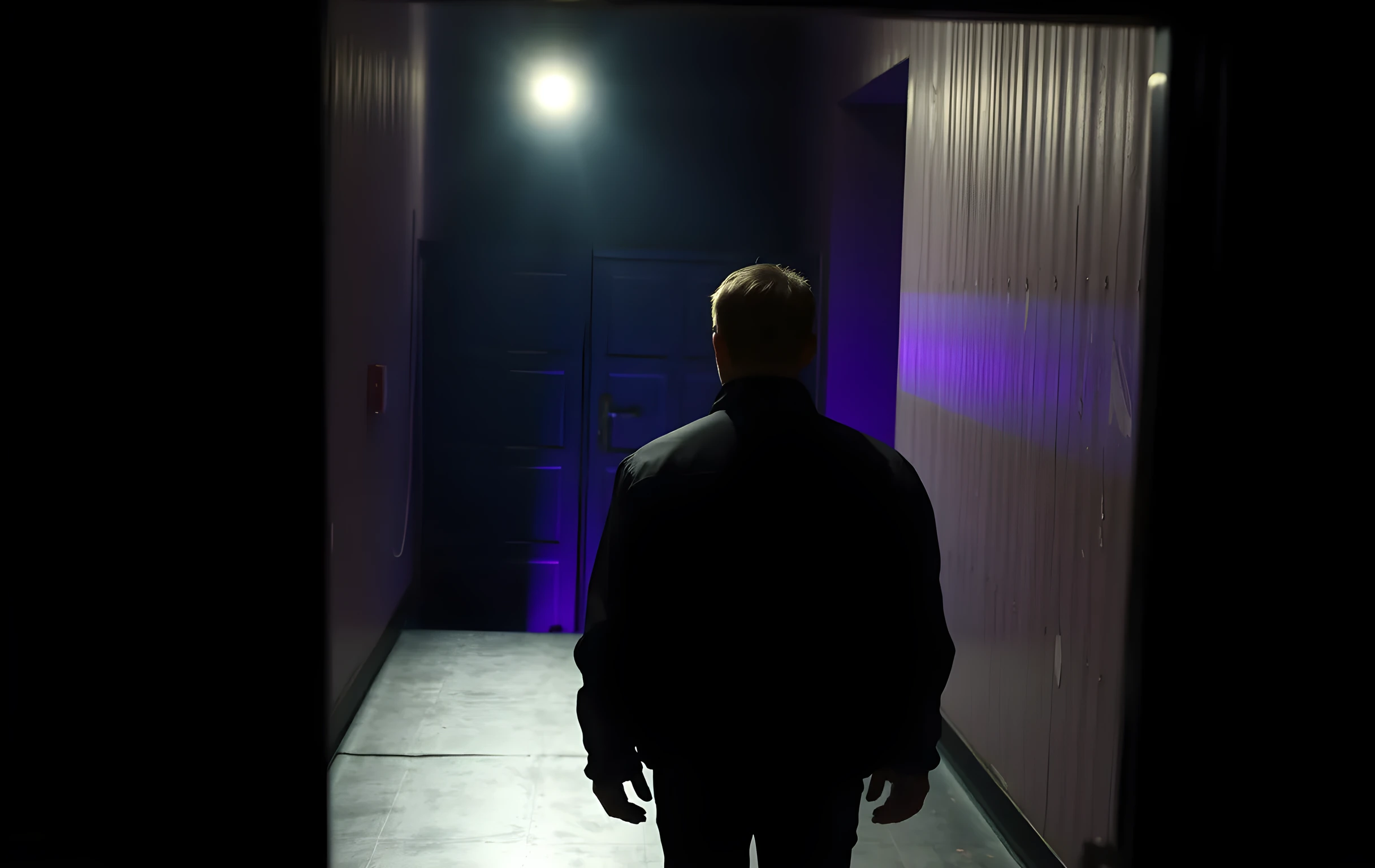 A wide shot of a dimly lit backstage corridor with peeling paint and a single work light casting long shadows, where a performer in a worn rehearsal jacket walks toward a heavy stage door at the far end