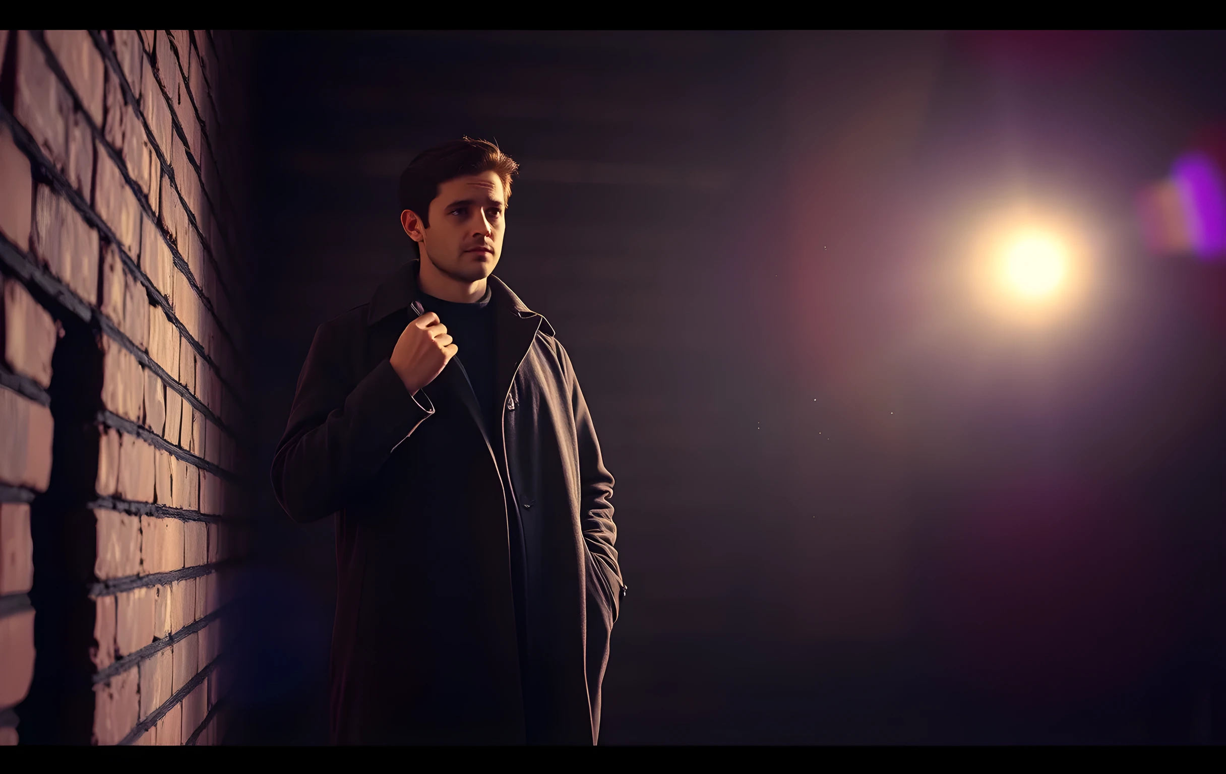 A medium distance shot of a performer standing against a weathered brick wall, adjusting the collar of a vintage coat, while a single stage light cuts through floating dust particles in the foreground
