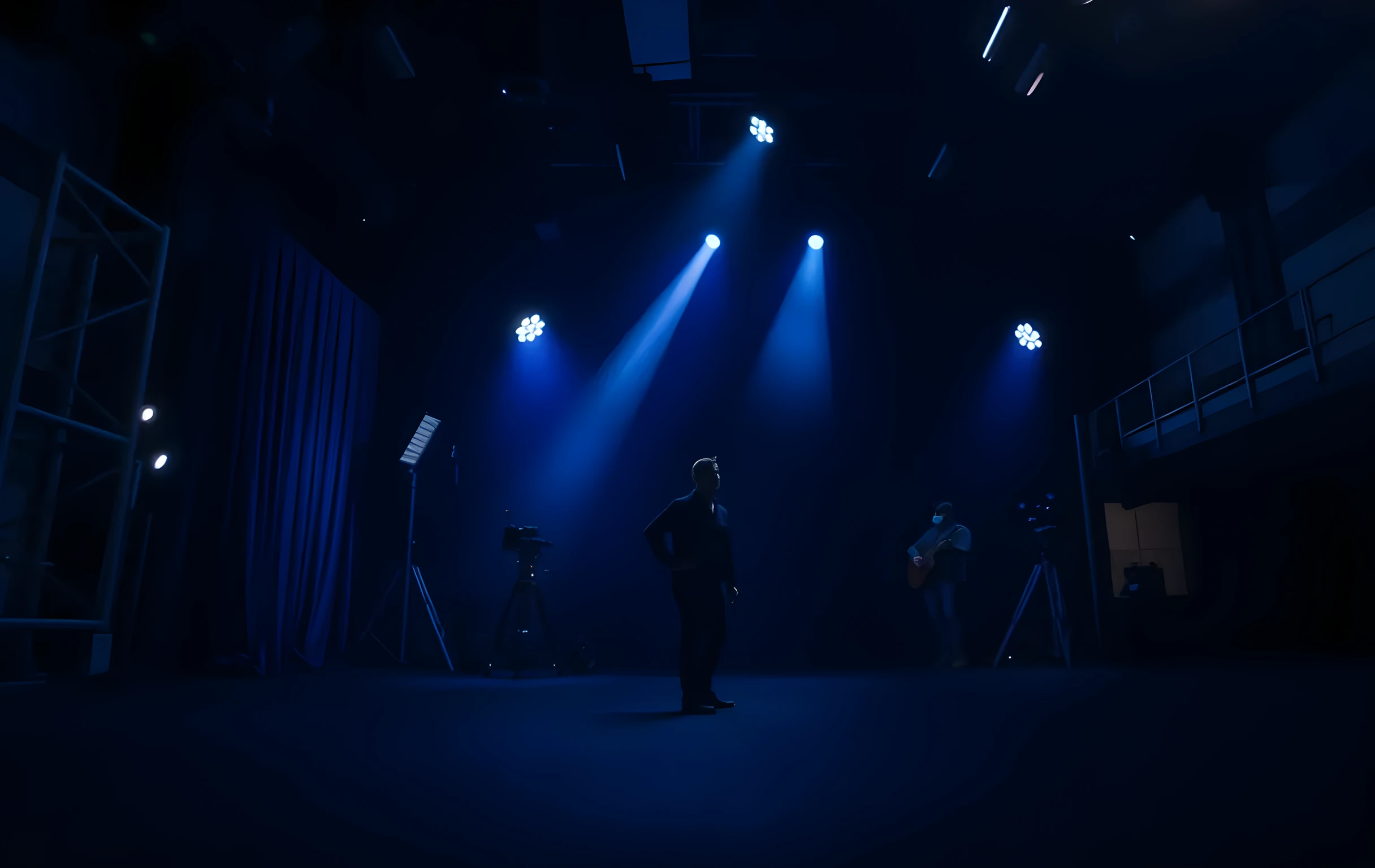 A wide environmental shot of a silent soundstage at night, where a performer stands near a draped set wall under cool blue practical lighting, camera rigs visible in the background shadows while dust motes drift through the air