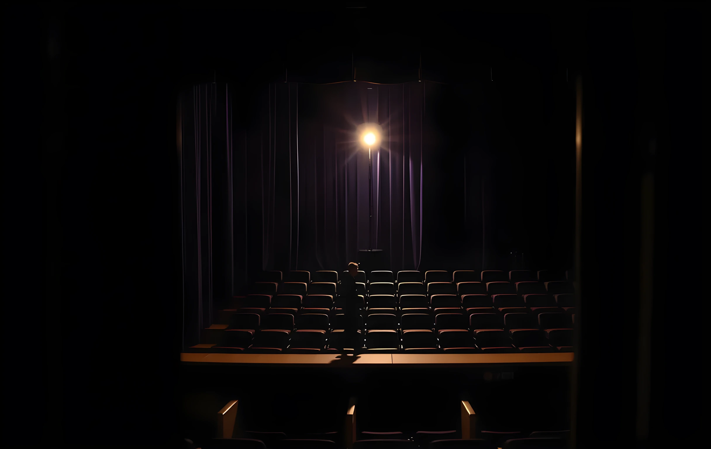 A medium-distant view of an empty auditorium balcony during a scene change, with a solitary figure in dark rehearsal attire stepping past heavy velvet curtains toward a single work lamp casting long geometric shadows across the tiered seating