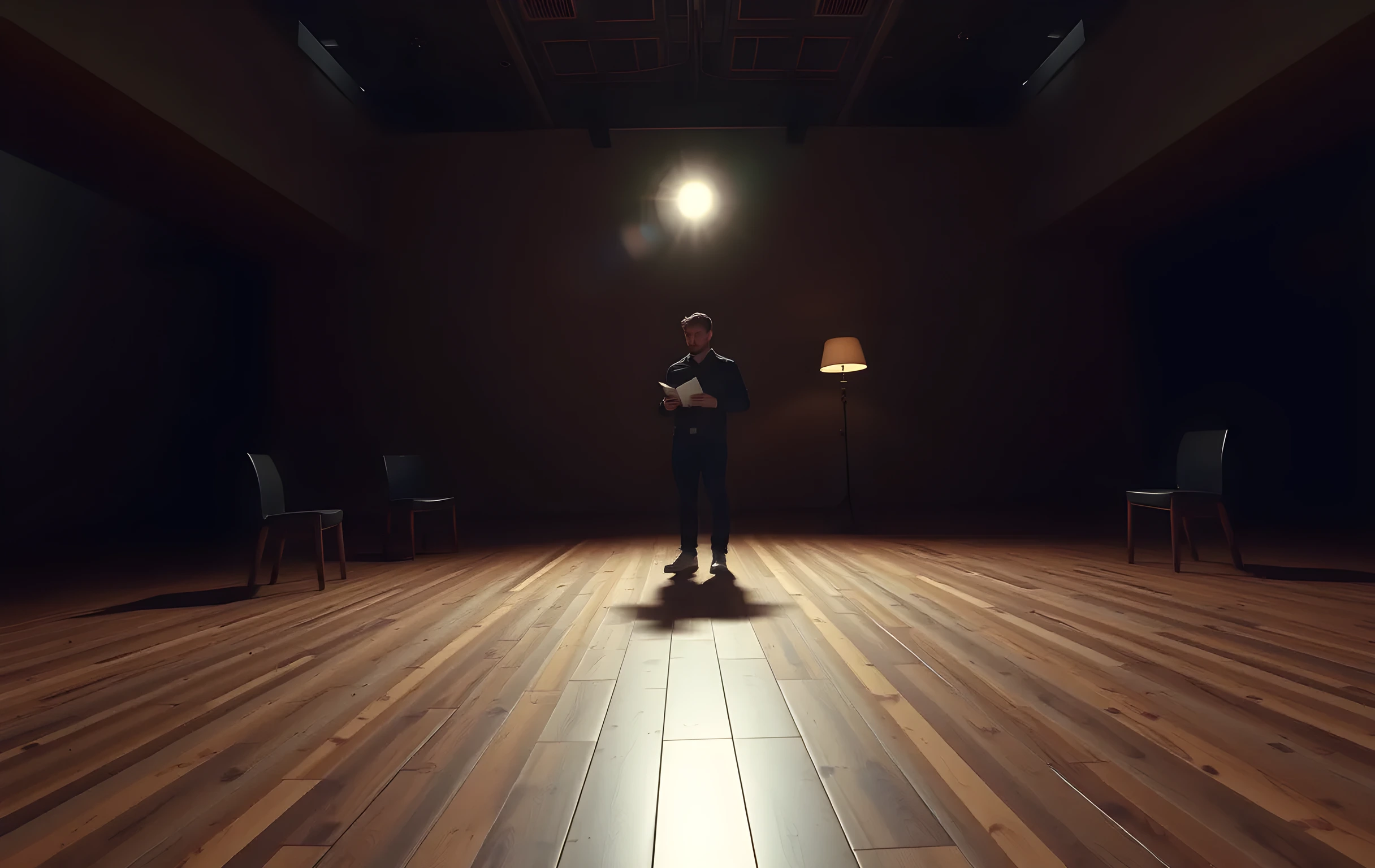 A dimly lit rehearsal studio at dusk, wooden floors reflecting the warm glow of a single overhead work light. A performer stands near the center of the room, holding a script, surrounded by scattered chairs and a vintage floor lamp. The composition is wide, capturing the empty space and atmospheric shadows without showing the actor's face clearly