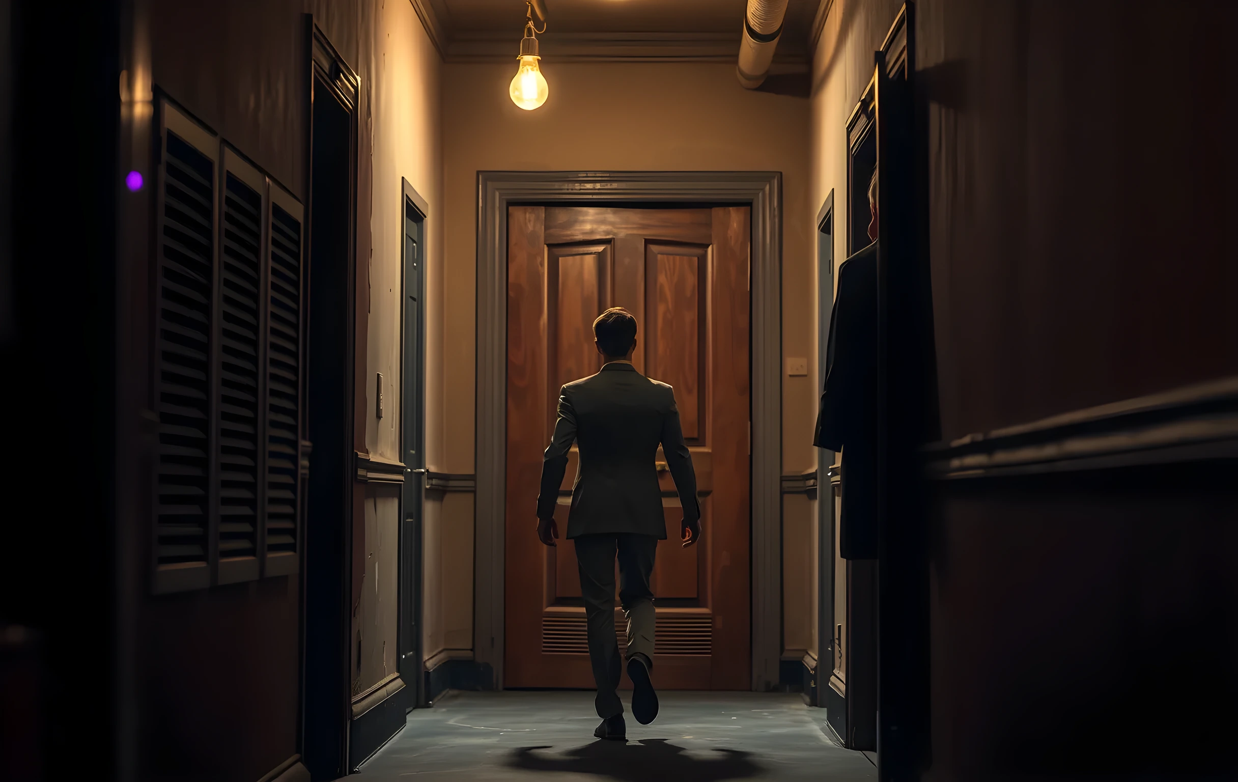 A narrow backstage corridor lined with peeling paint and vintage costume racks, illuminated by a single flickering bulb. A figure in a tailored rehearsal suit walks away from the camera toward a heavy wooden stage door, framed by dramatic side lighting and long shadows. The shot is medium distance, focusing on the figure and the textured environment