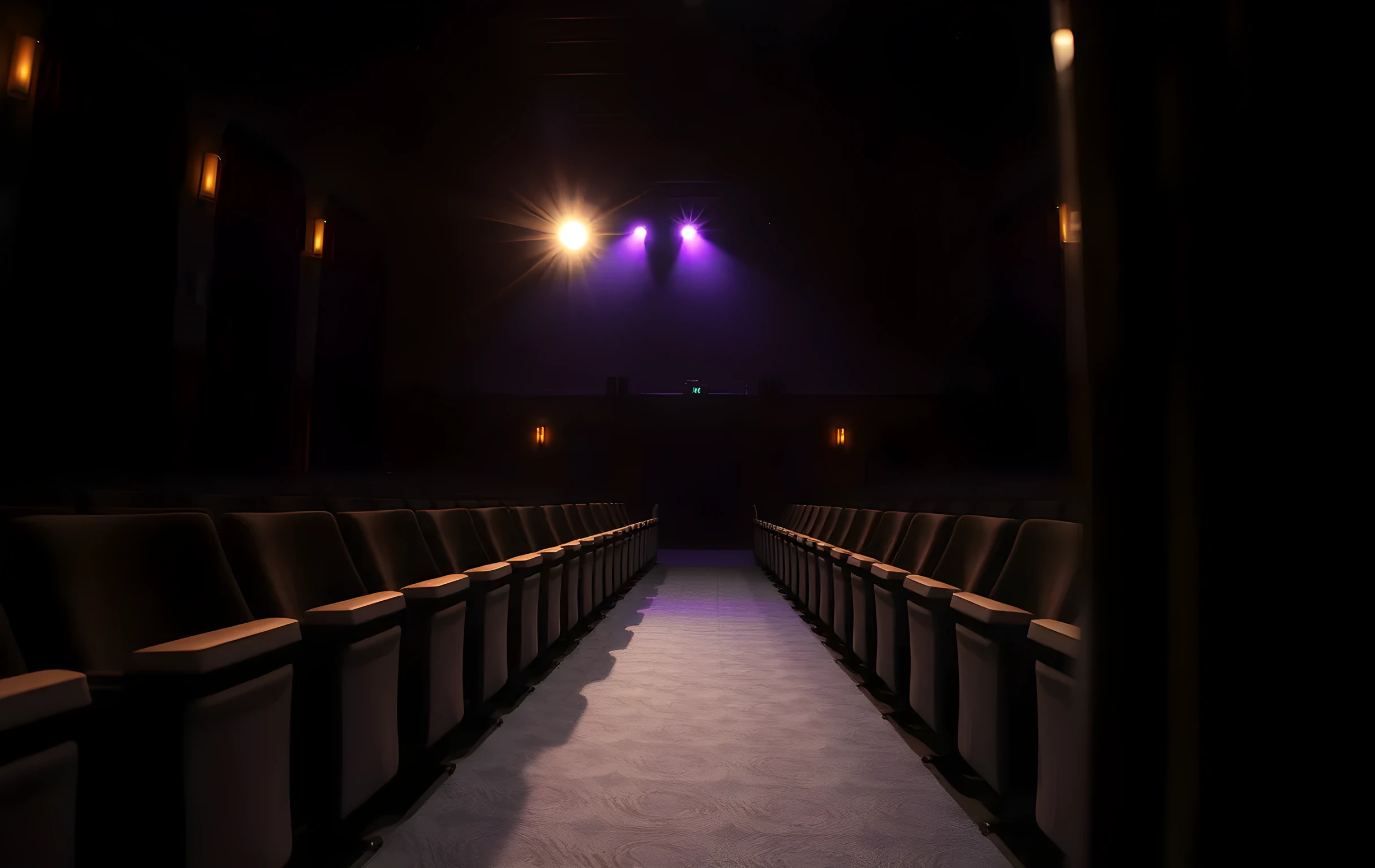 A dimly lit, empty theater auditorium at twilight, rows of worn velvet seats stretching toward a darkened stage where a single work light casts long geometric shadows across the floor