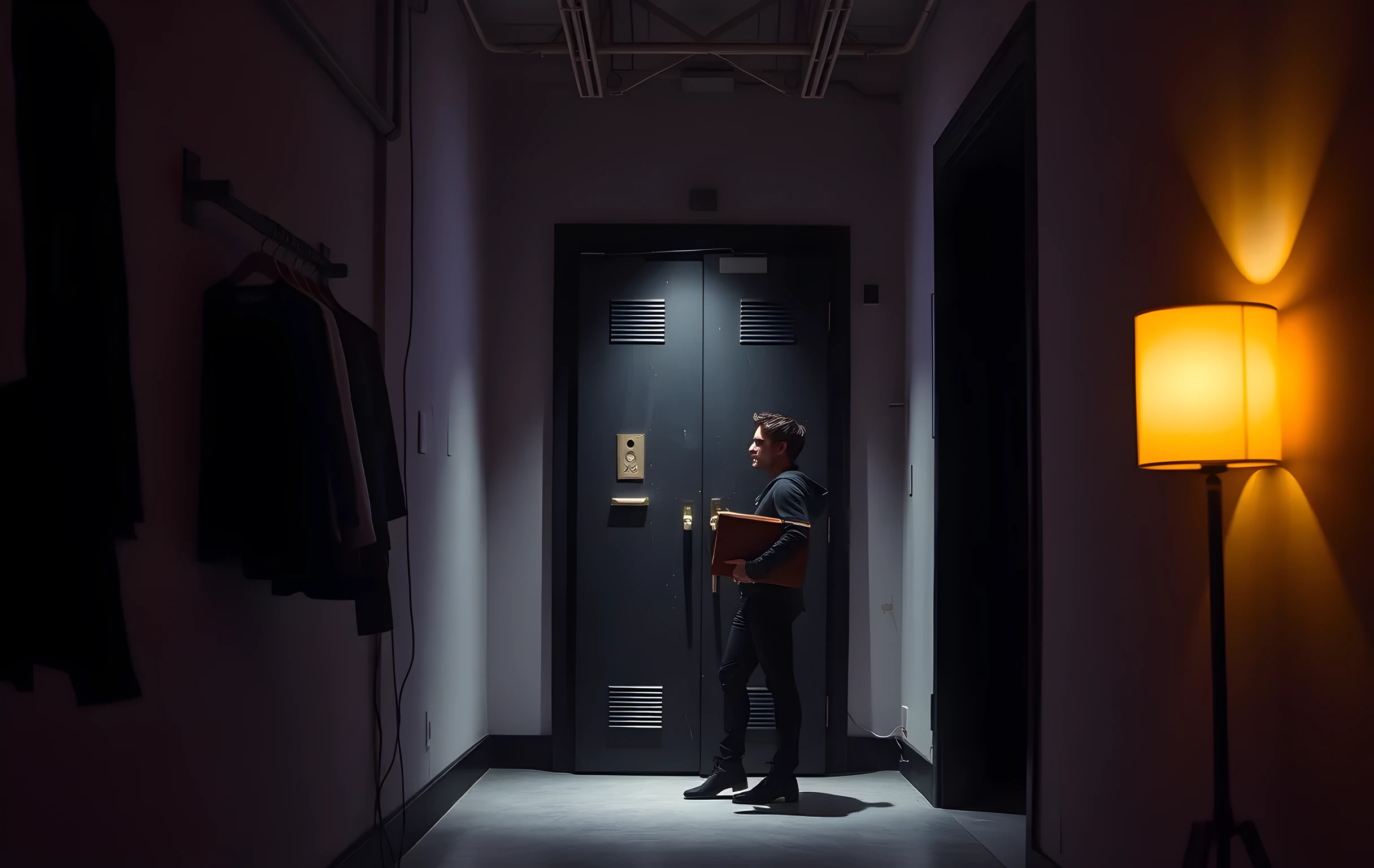 A quiet backstage corridor lined with peeling paint and hanging costume racks, where a performer stands near a heavy steel door holding a leather portfolio, illuminated by a warm practical lamp