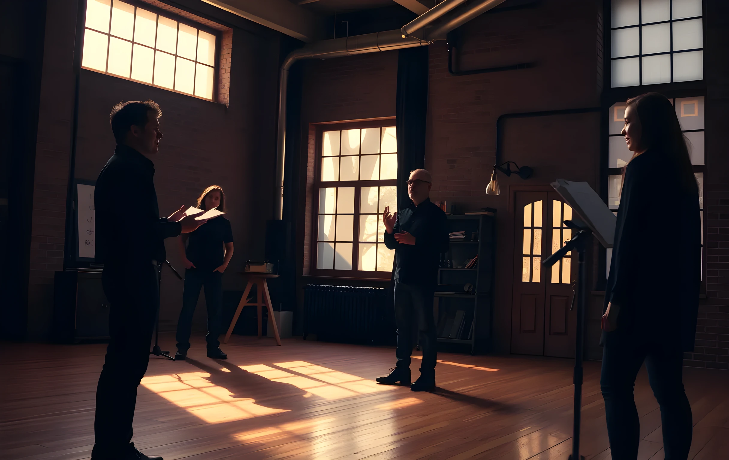 A dimly lit rehearsal studio with exposed brick walls and tall windows casting long afternoon shadows across wooden floors. Three performers stand in the background holding scripts, their silhouettes sharp against the warm ambient light while a director gestures from the center of the room