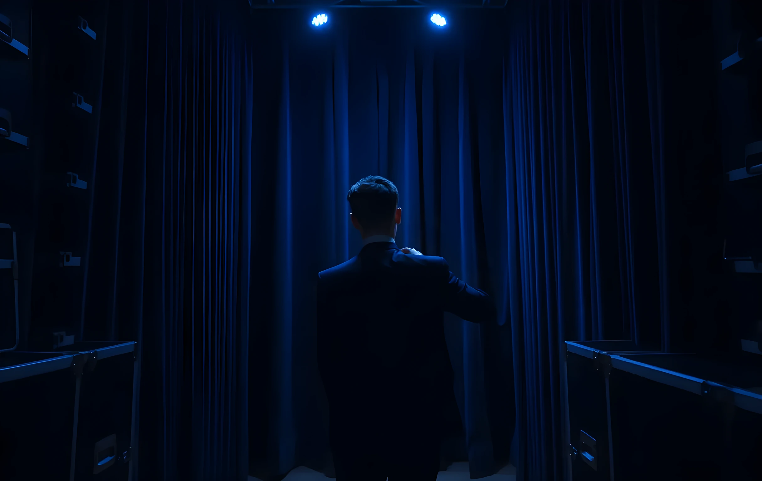 A narrow backstage corridor bathed in cool blue stage lighting, with a single performer adjusting a costume collar near a heavy velvet curtain. The focus rests on the textured fabric and the actor's profile from behind, while equipment cases line the periphery in soft focus