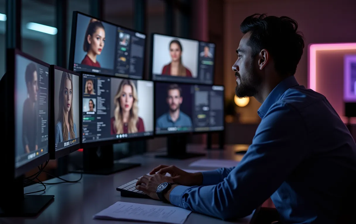 A modern casting office with multiple monitors displaying actor headshots and reels, a casting director reviewing profiles with a focused expression, clean desk with production scripts, natural window lighting