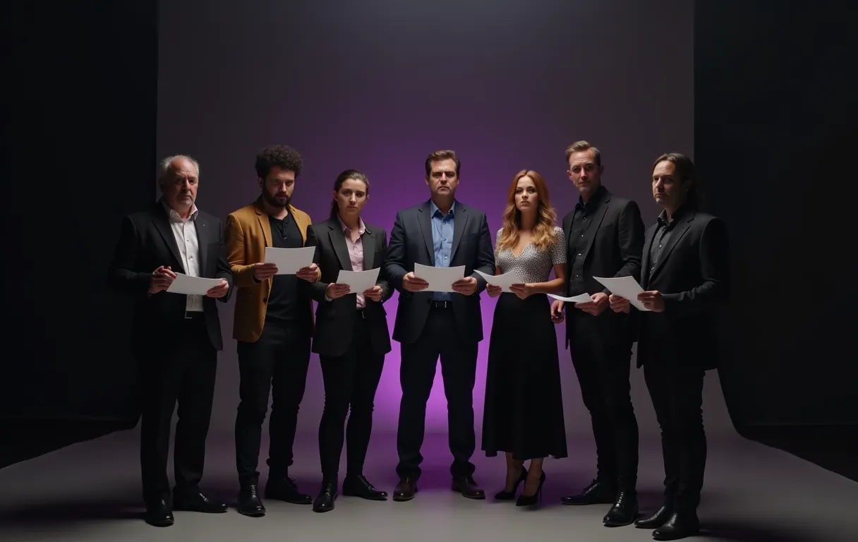 A diverse group of professional actors standing confidently on a neutral studio set, holding character breakdown sheets, soft directional lighting, cinematic composition, empty background